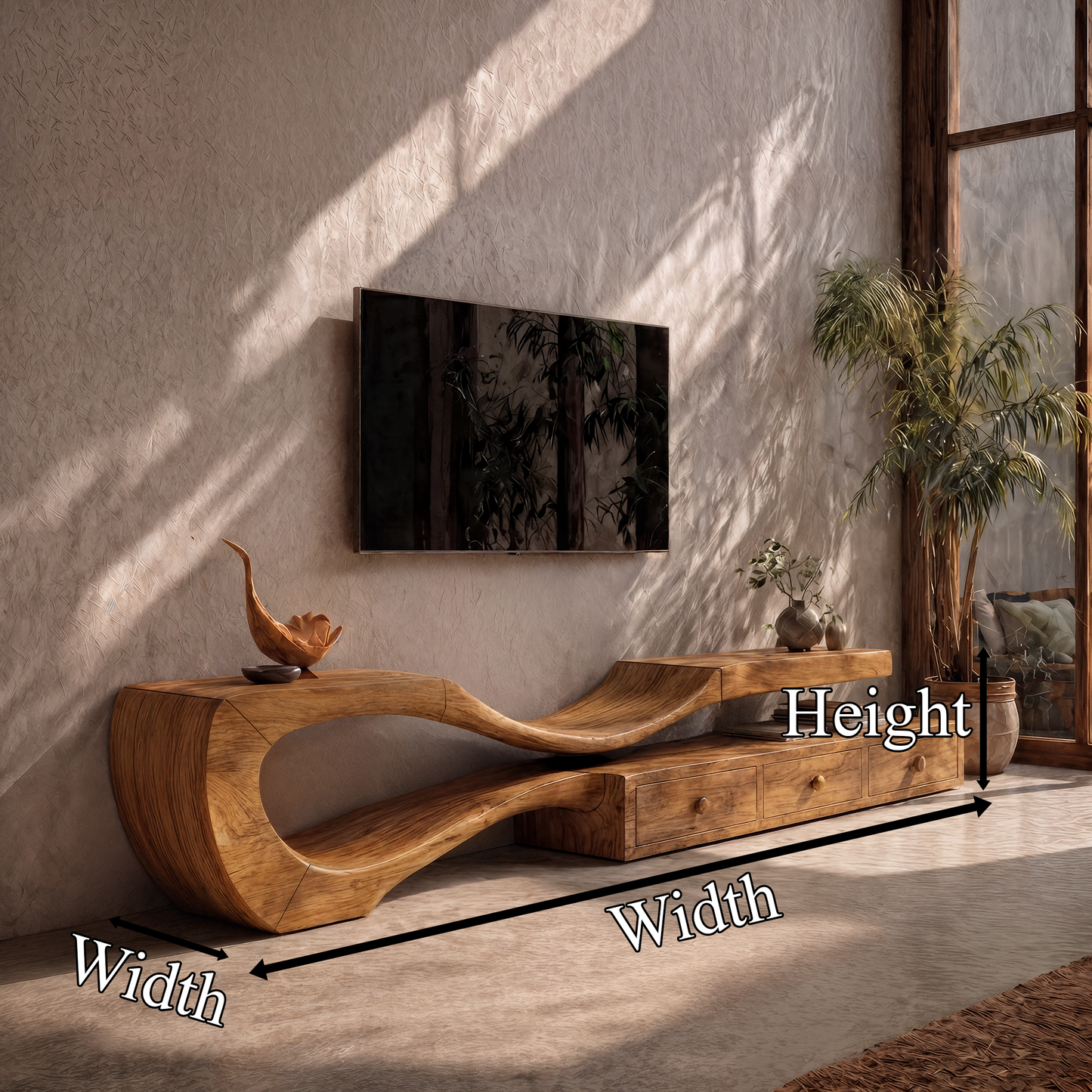 Modern TV Cabinet With Sculptural Curved Wood Base And Built In Storage Drawers For Living Room