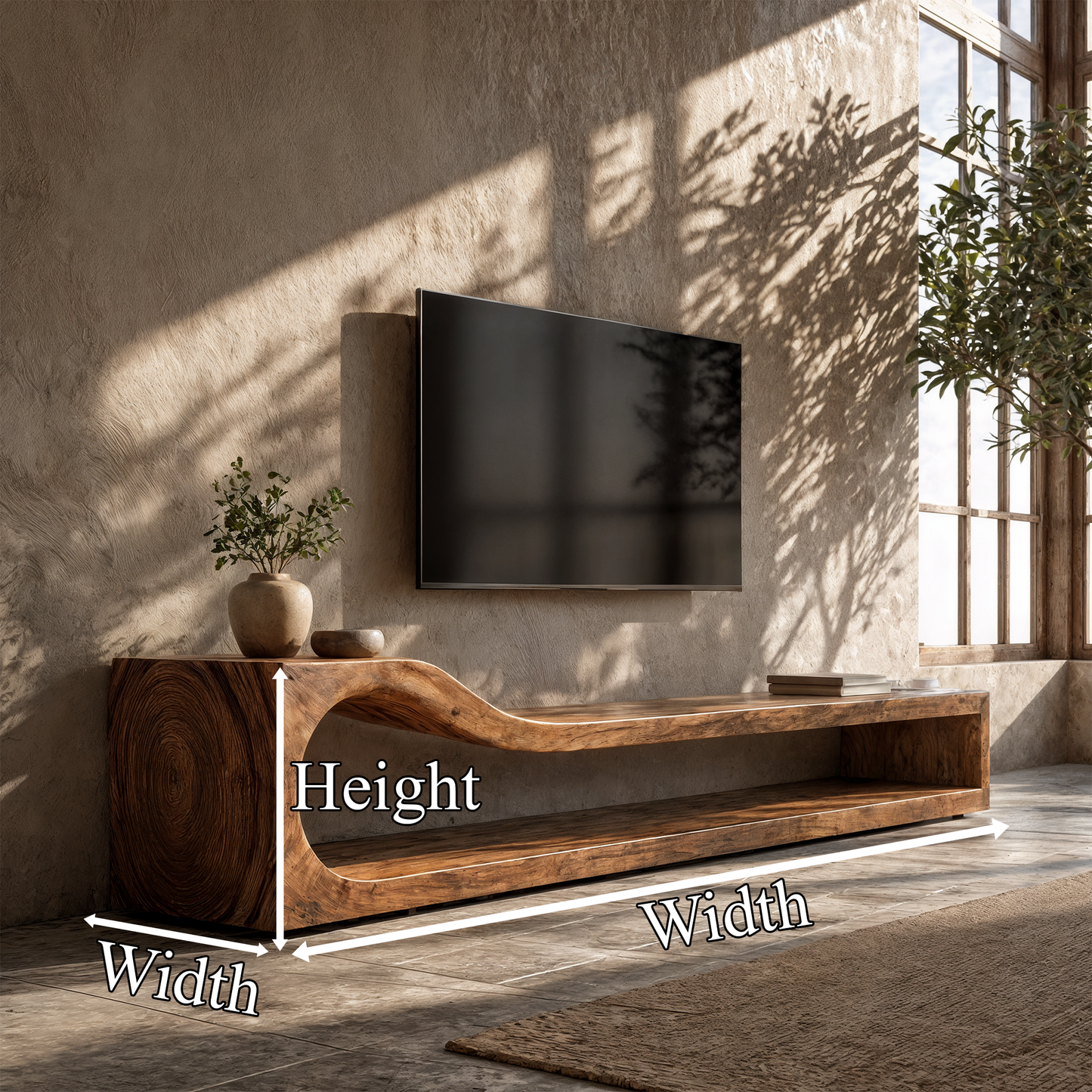 Organic TV Cabinet With Sculptural Wave Wood Base And Solid Wood Media Console For Living Room