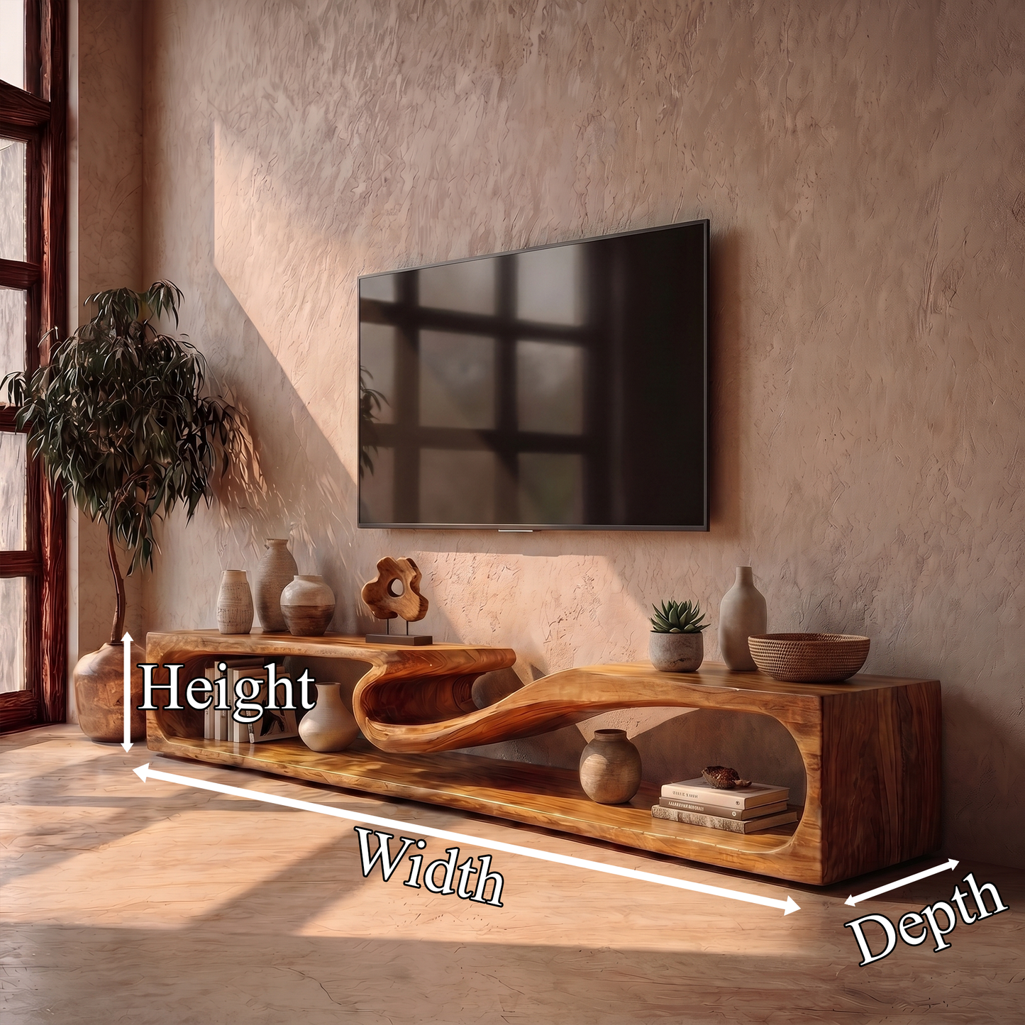 Minimalist TV Cabinet With Rounded Edge Wood Frame And Open Storage Design For Living Room