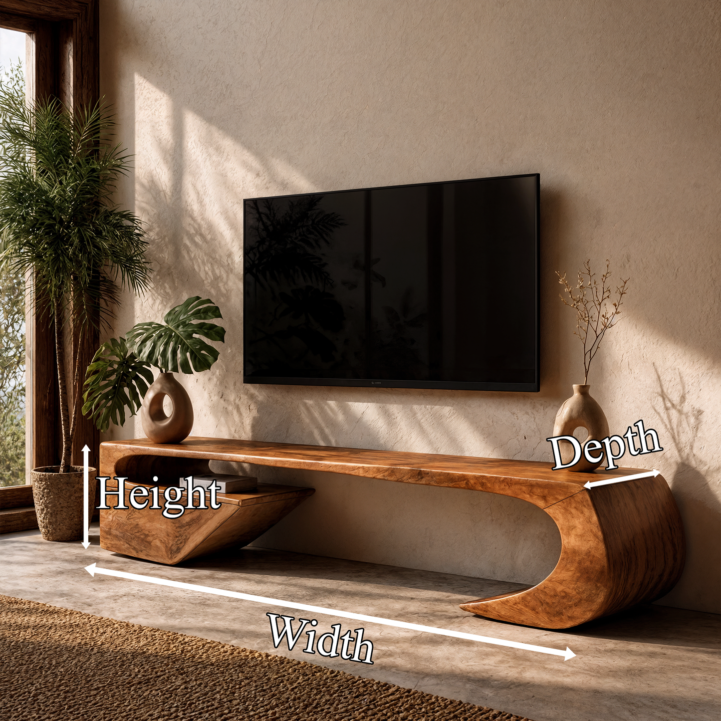 Japandi TV Cabinet With Sculptural Curved Wood Base And Solid Wood Media Console For Living Room