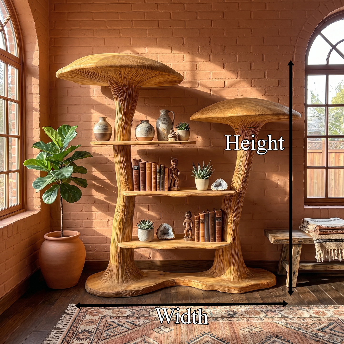 Organic Modern Mushroom Bookcase With Sculptural Solid Wood Form For Living Room