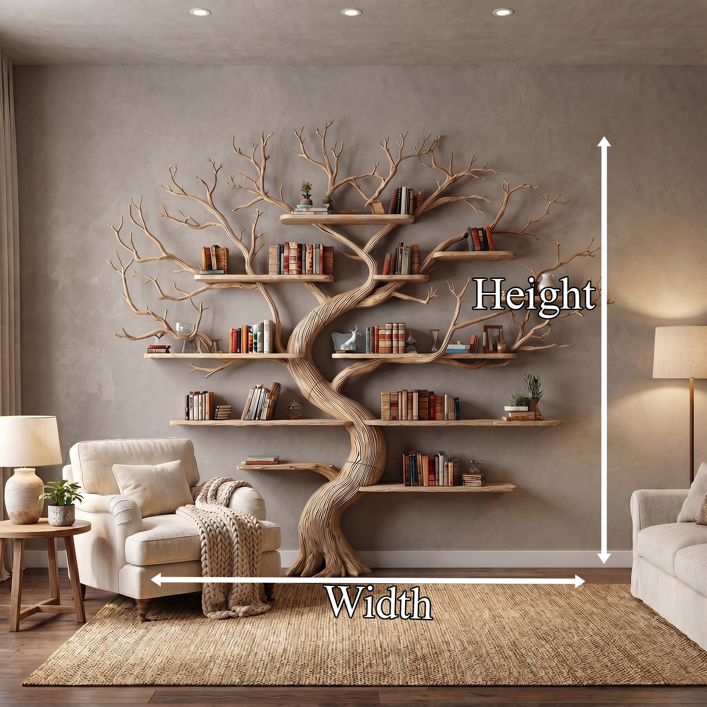 Rustic Tree Wall Bookshelf Bedroom Lounge