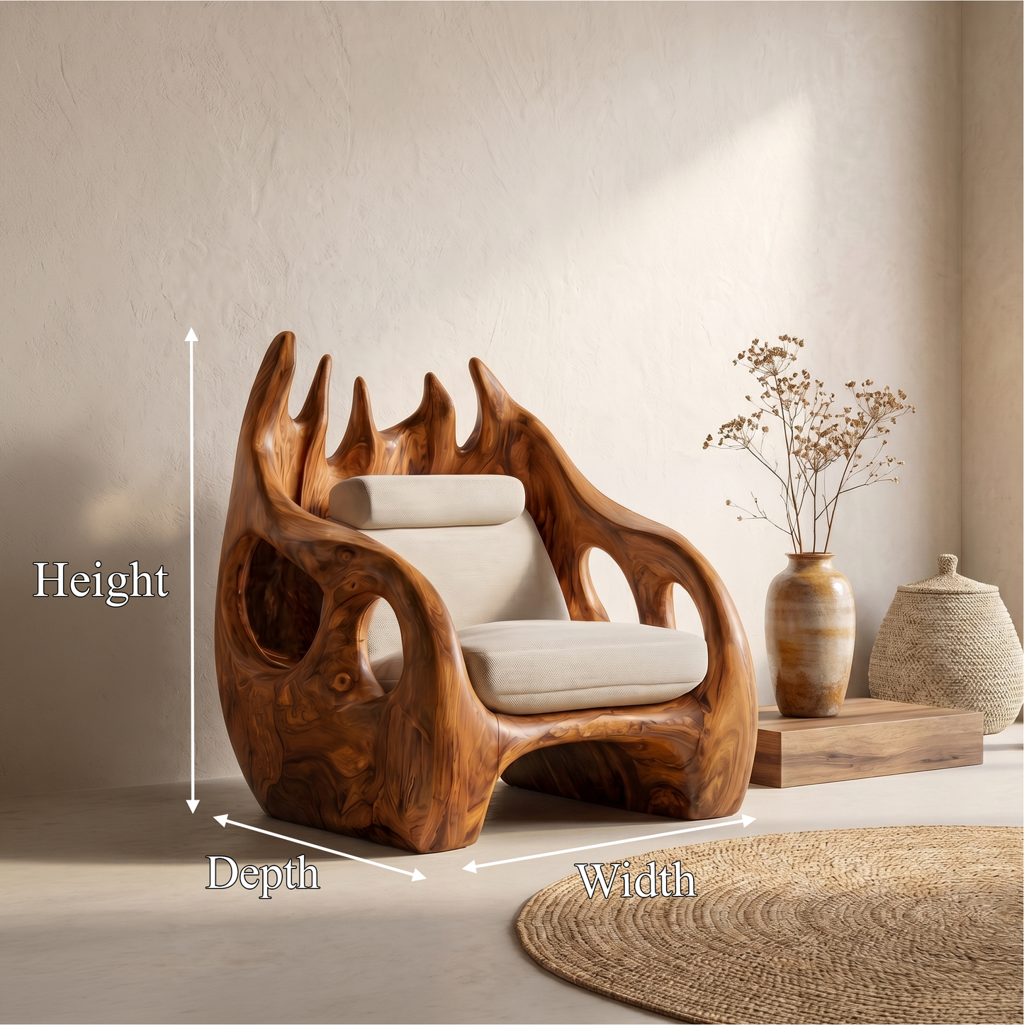 Nature Inspired Armchair With Handcrafted Wooden Structure For Living Room