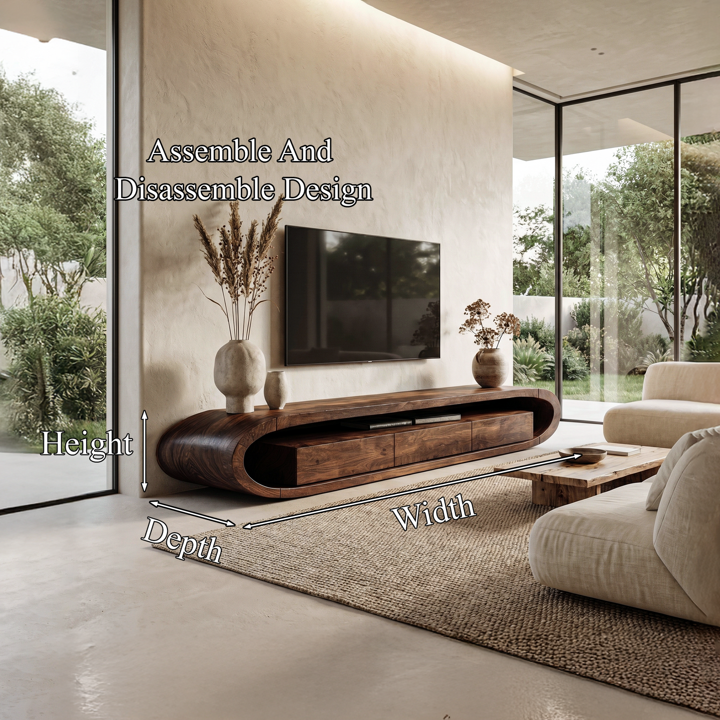 Organic TV Cabinet With Curved Solid Wood Design And Built In Drawer Storage For Living Room