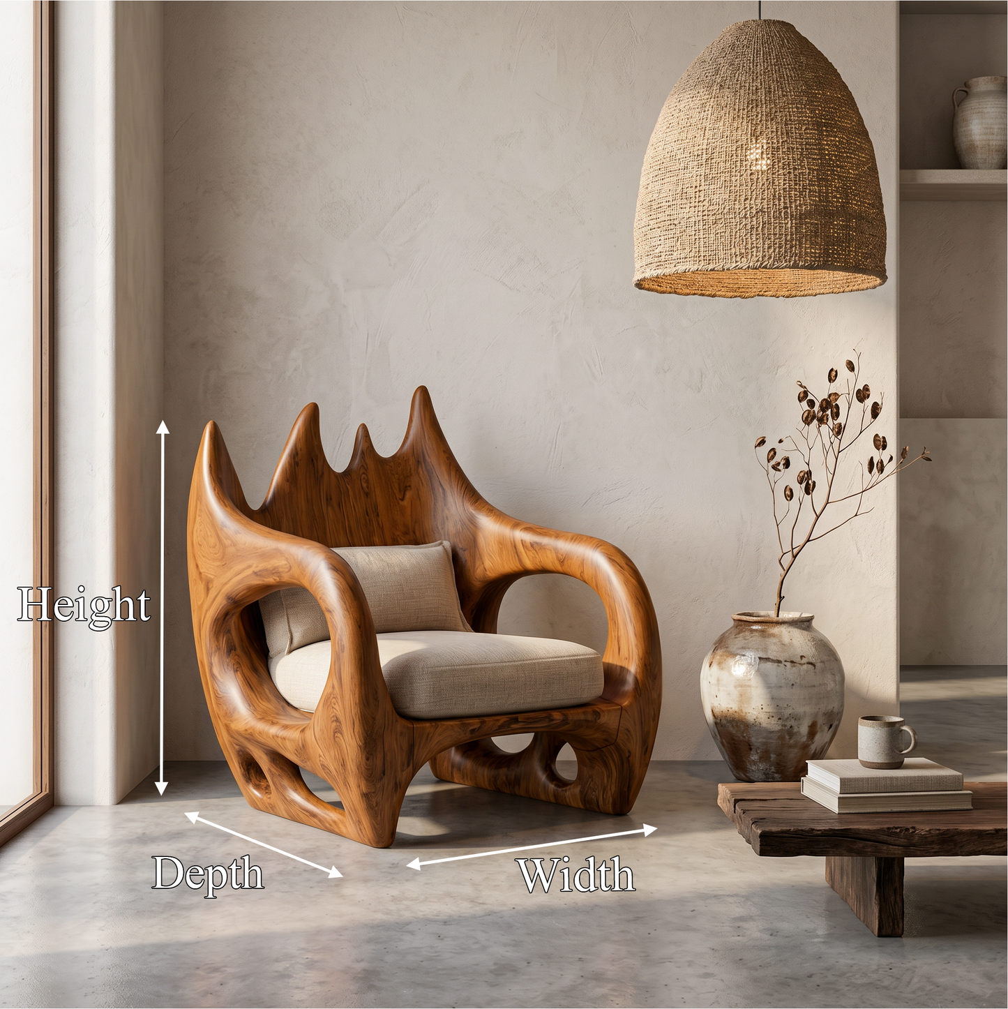 Statement Wooden Armchair With Nature Inspired Design For Reading Nook