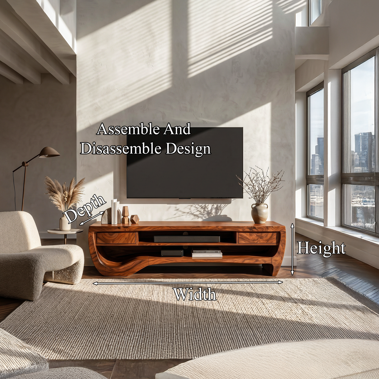 Organic TV Cabinet With Open Storage And Sculptural Curved Wood Design For Living Room