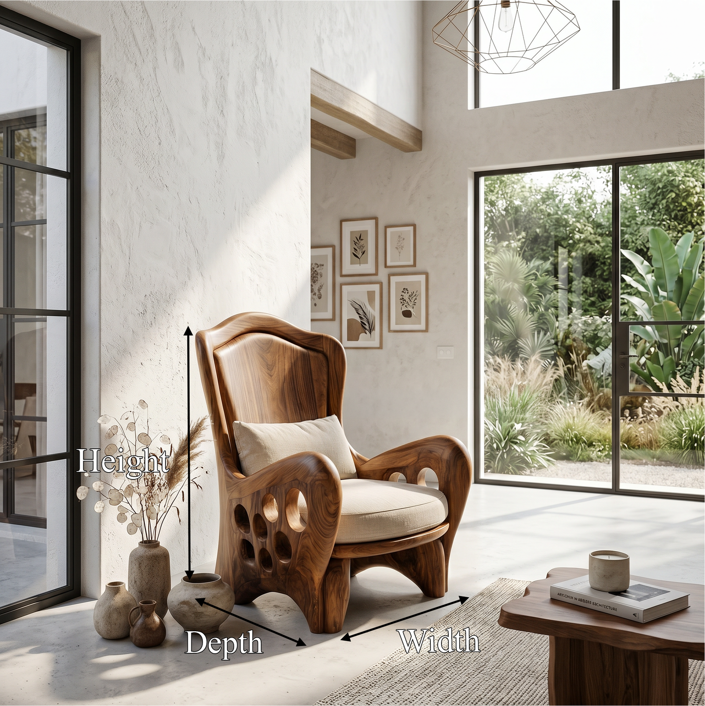 Organic Armchair With Sculptural Wood Frame For Living Room And Reading Nook
