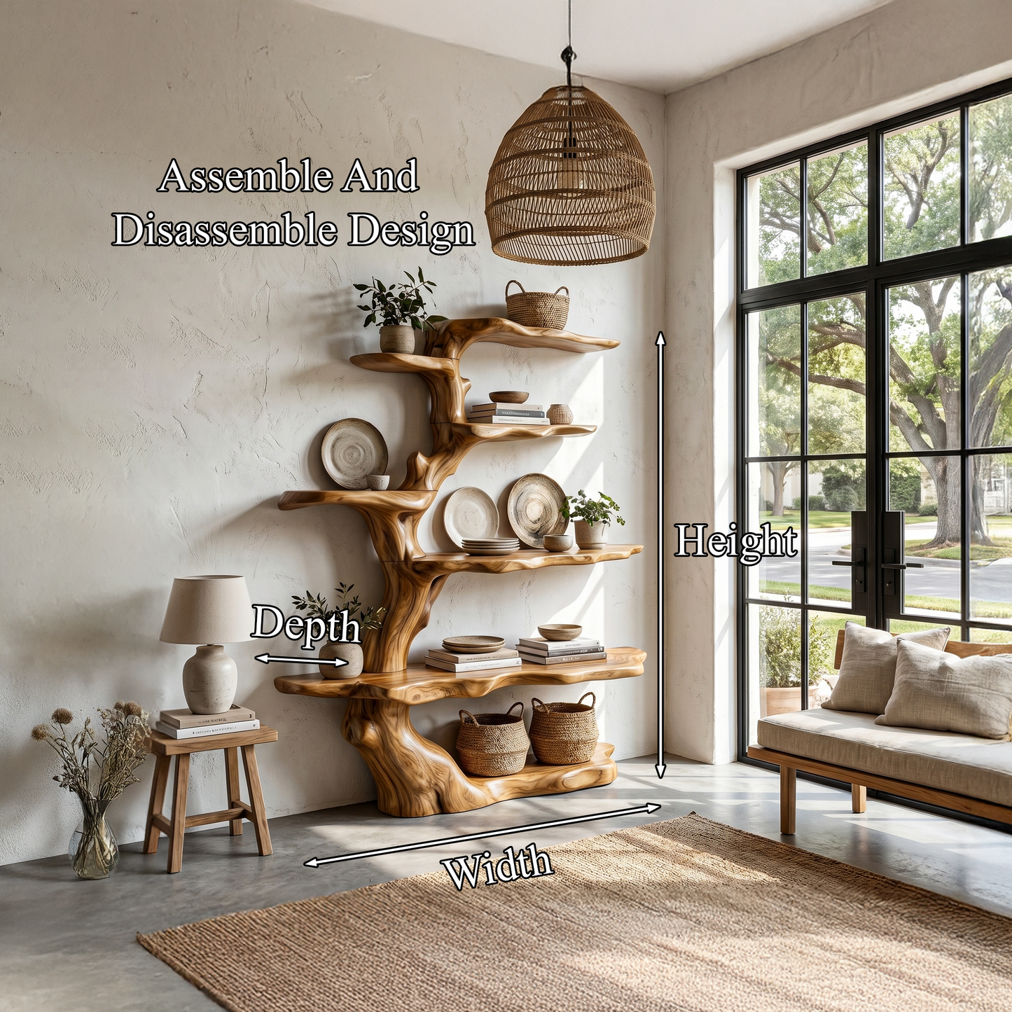 Sculptural Tree Bookshelf Natural Wood Storage For Reading Nook