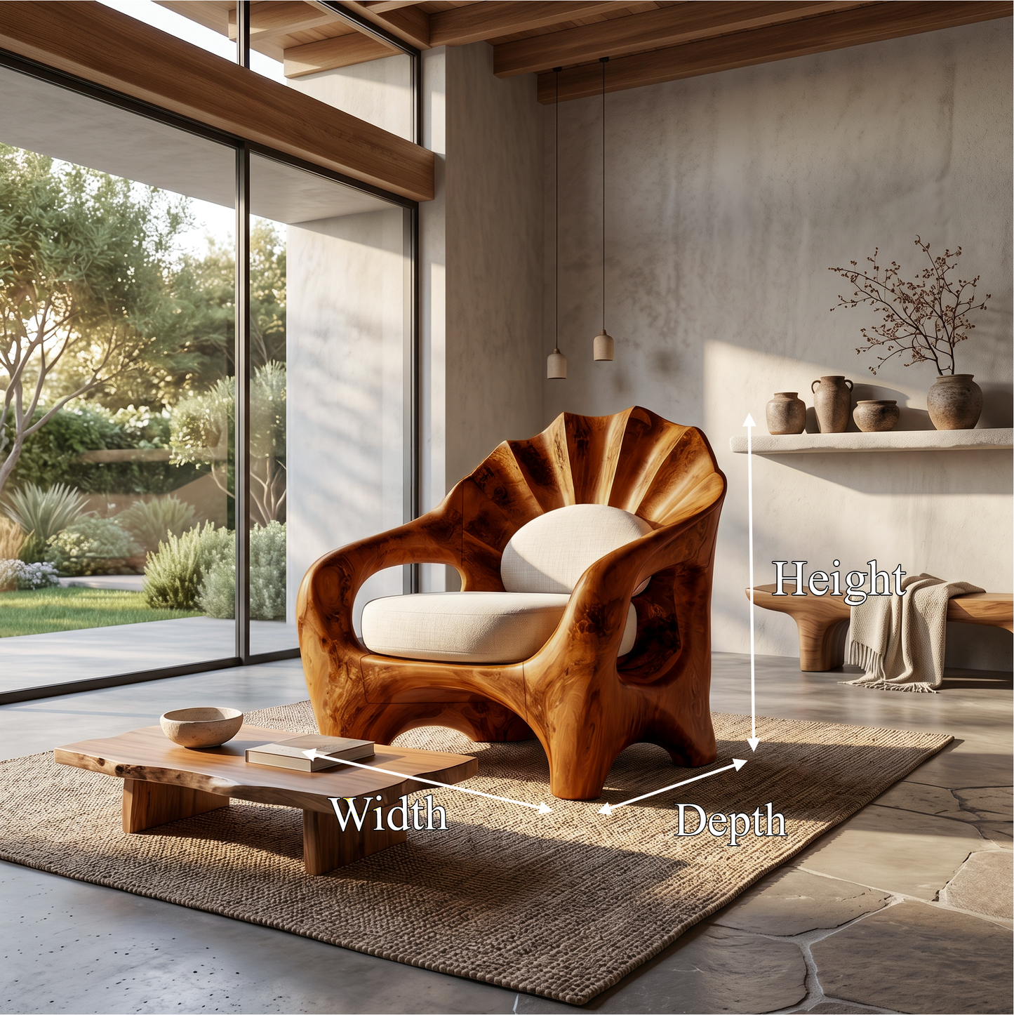 Nature Inspired Armchair With Sculptural Solid Wood Frame For Living Room And Bedroom