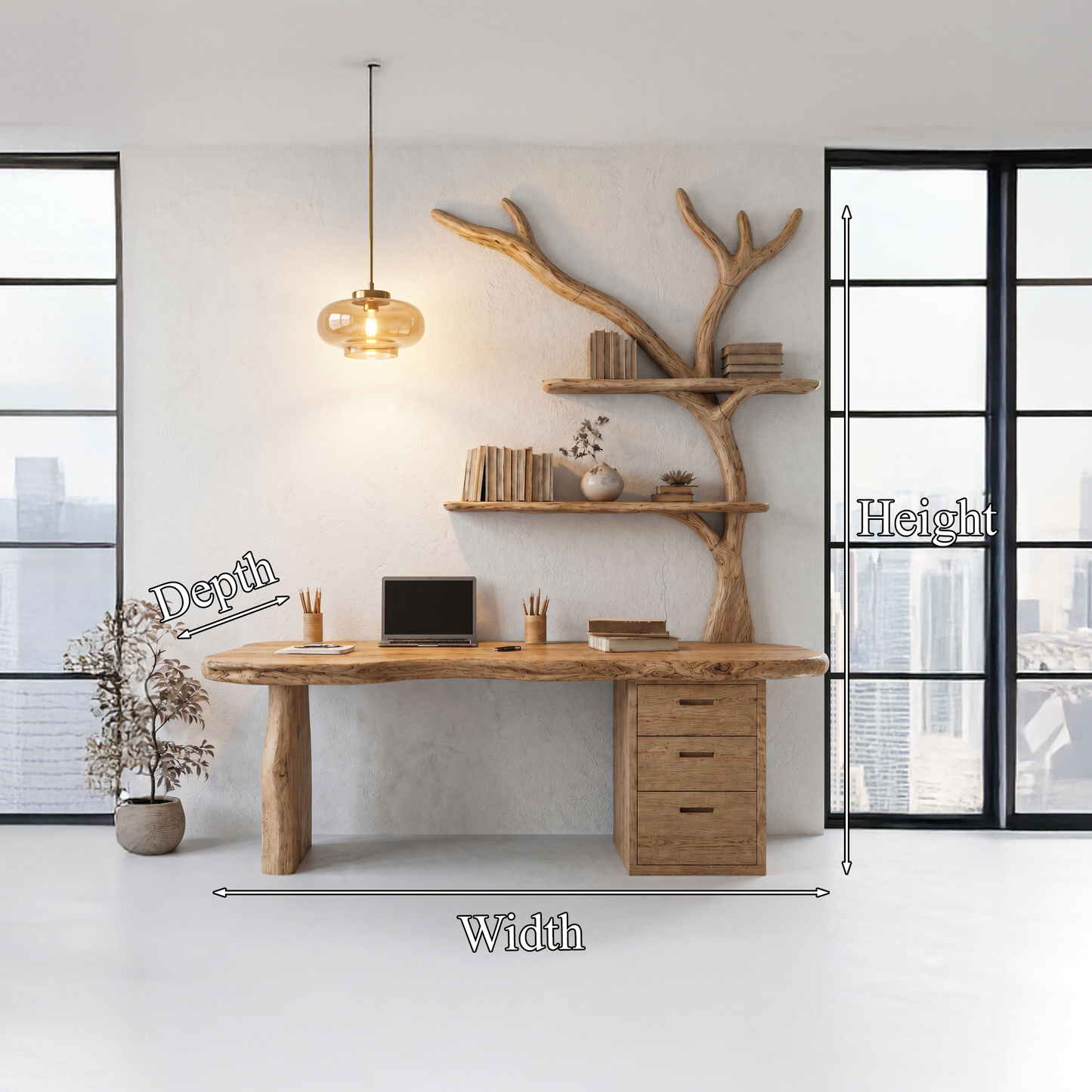 Organic Wooden Desk With Tree Branch Bookshelf And Built In Drawer Storage For Home Office And Workspace