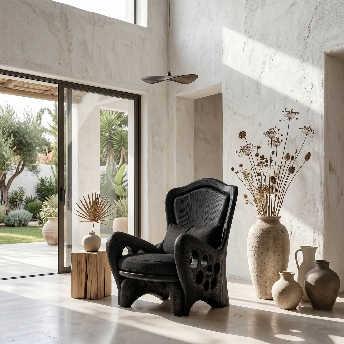 Organic Armchair With Sculptural Wood Frame For Living Room And Reading Nook