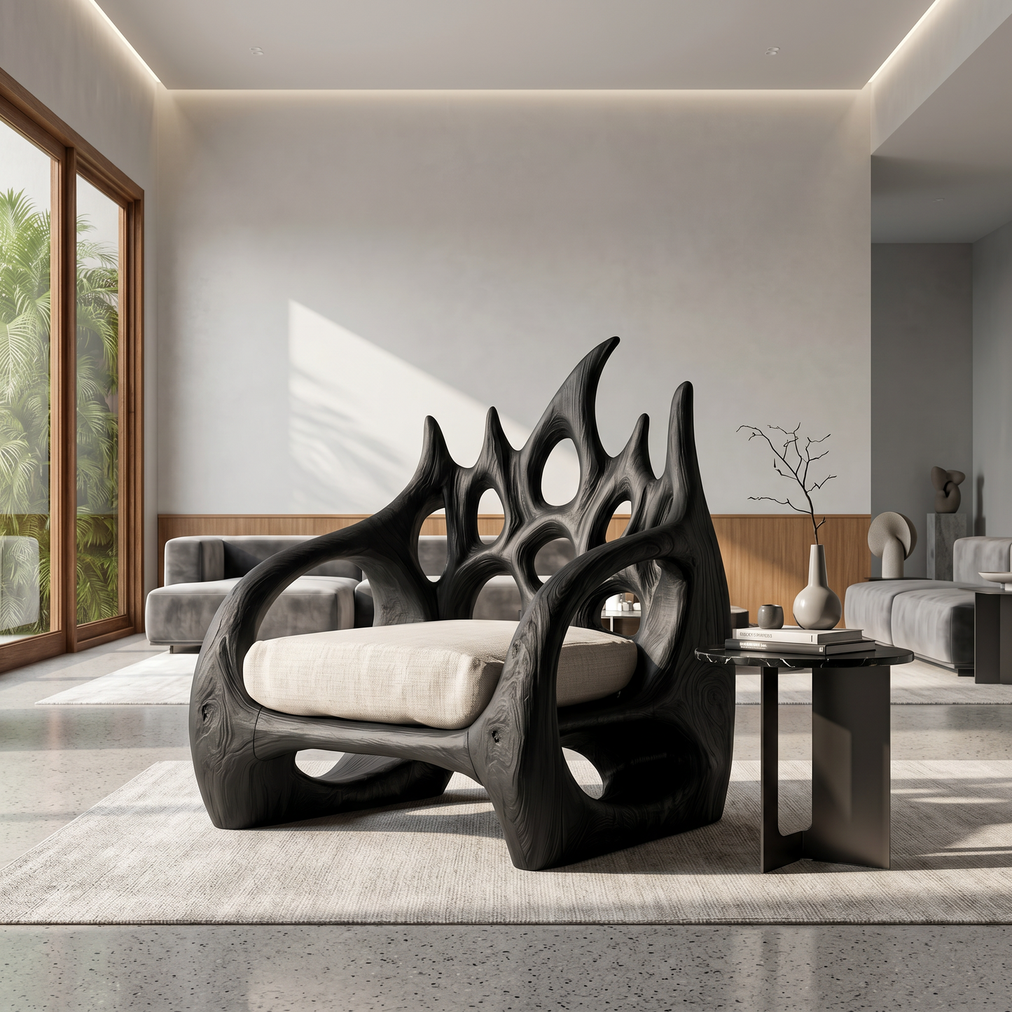 Contemporary Armchair With Organic Wood Silhouette For Living Room Decor