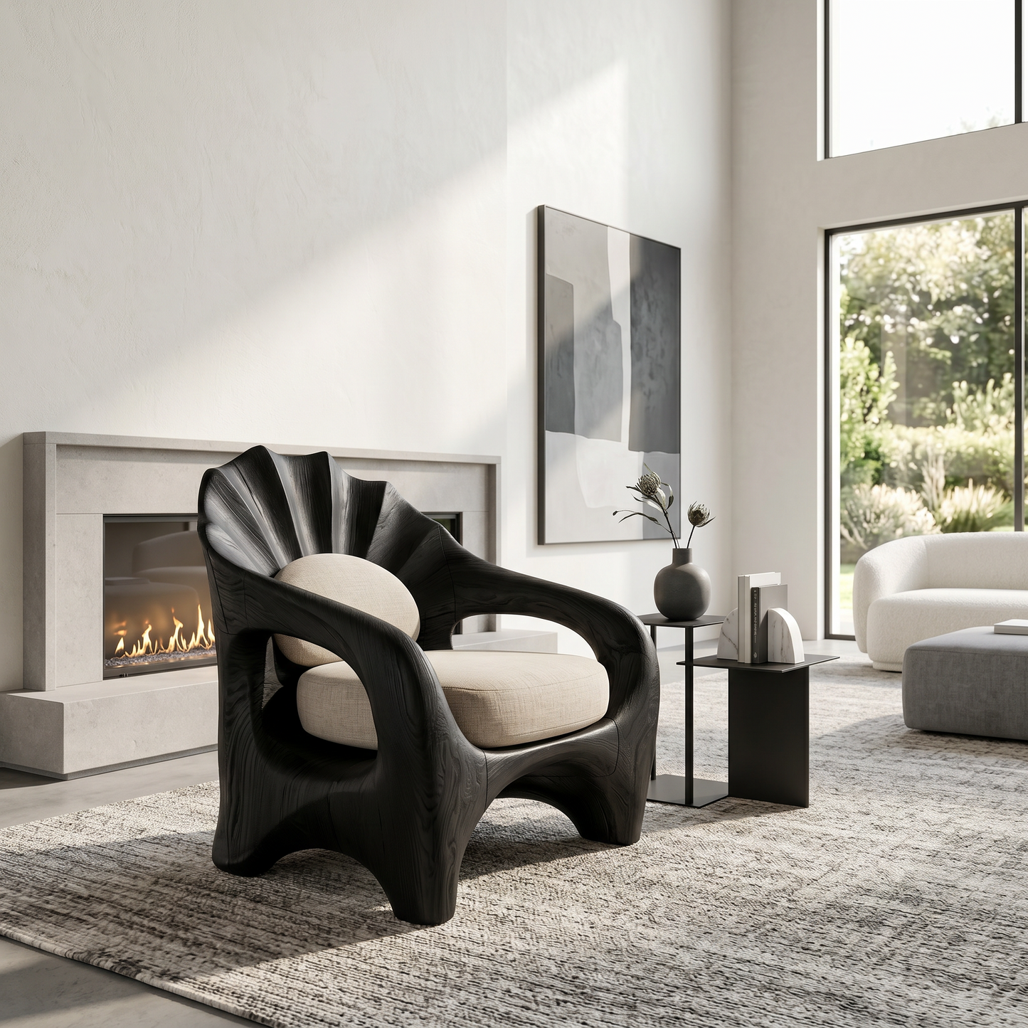 Nature Inspired Armchair With Sculptural Solid Wood Frame For Living Room And Bedroom