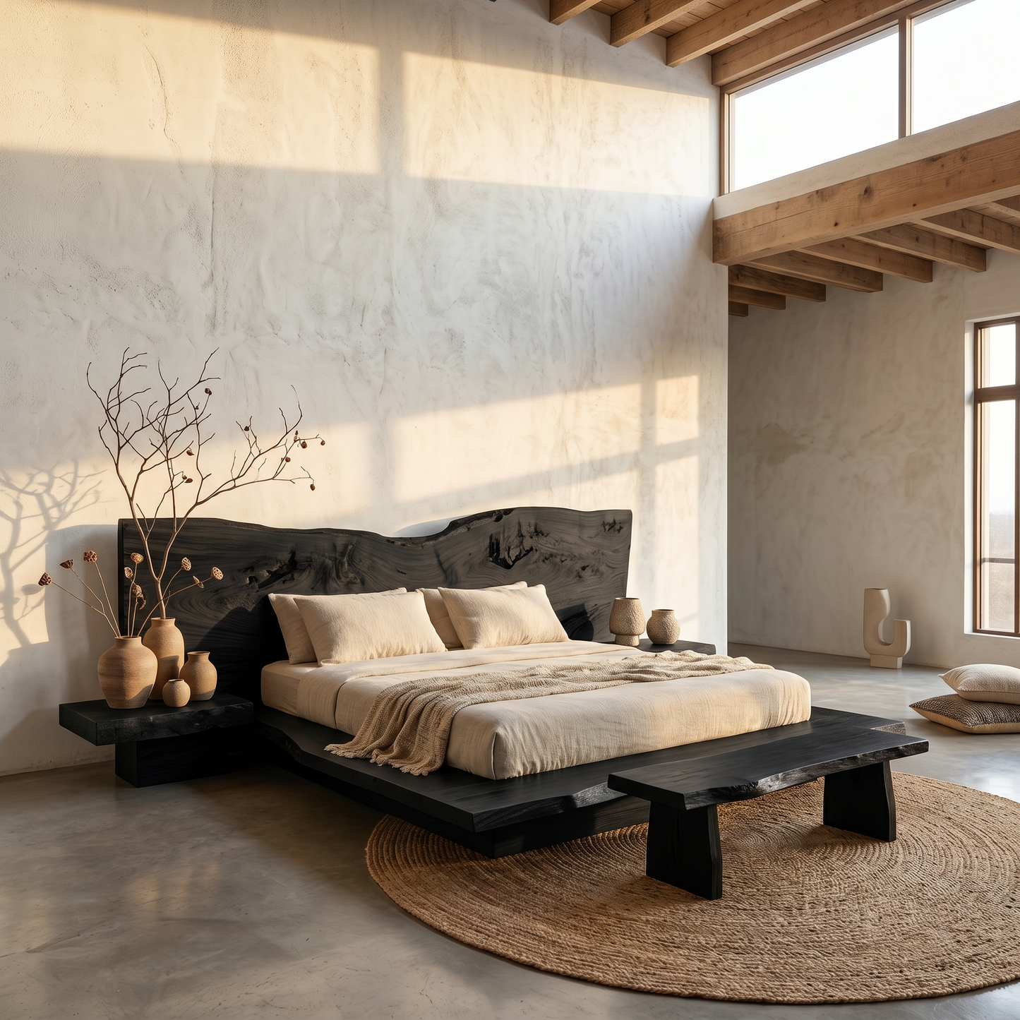 Rustic Live Edge Bed Frame With Sculptural Headboard For Bedroom