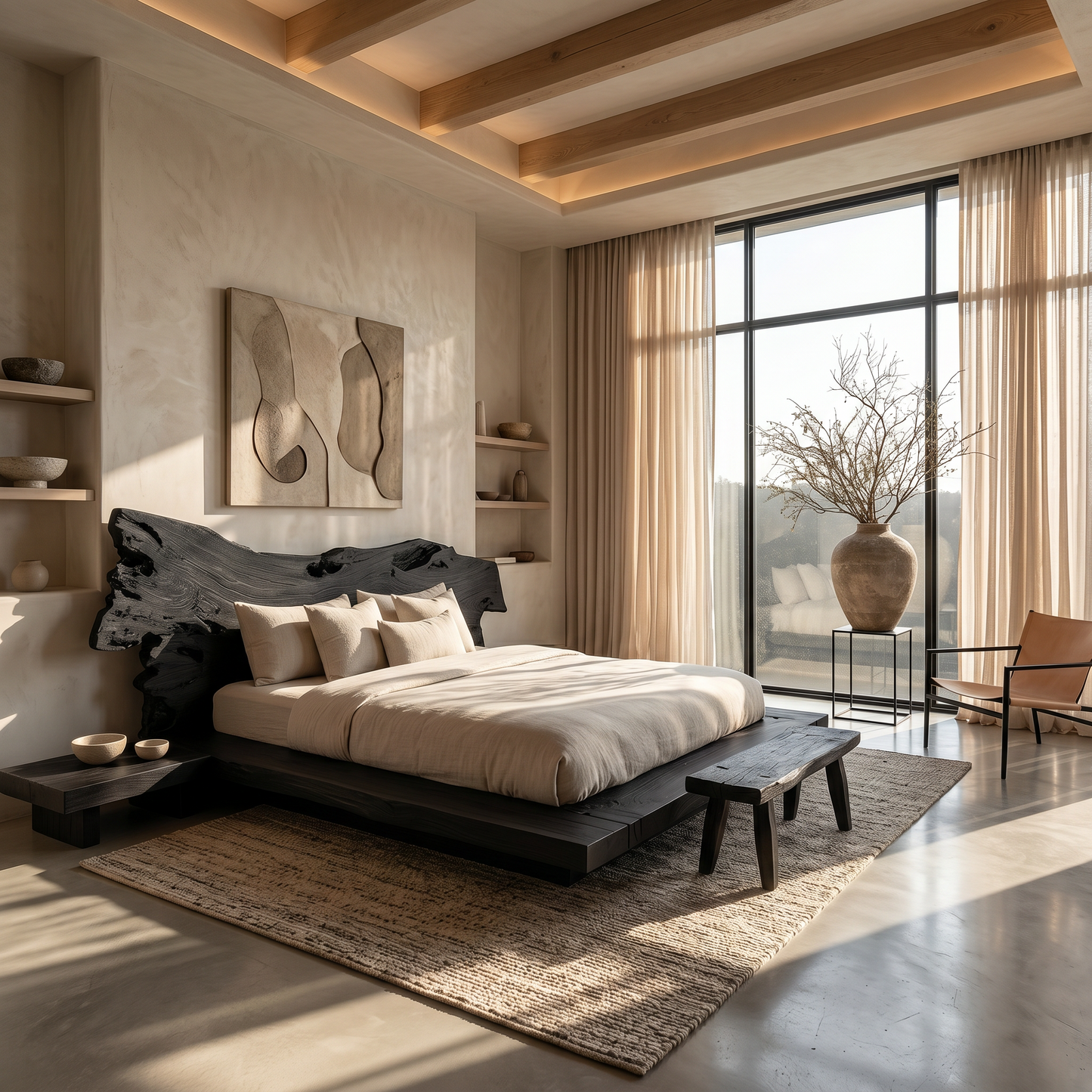 Contemporary Low Profile Bed Frame With Organic Wood Headboard For Bedroom