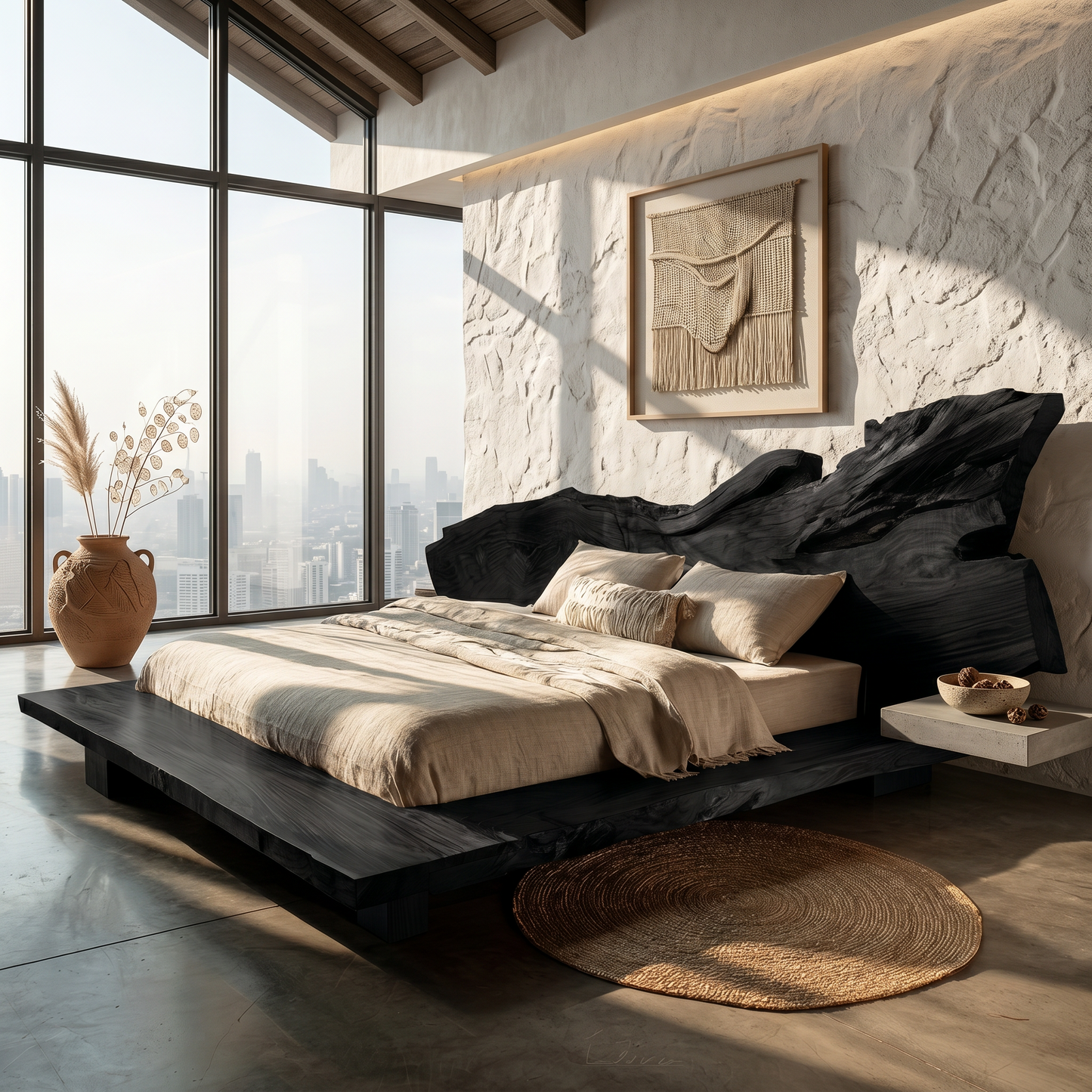 Modern Bed Frame With Live Edge Wood Headboard For Bedroom