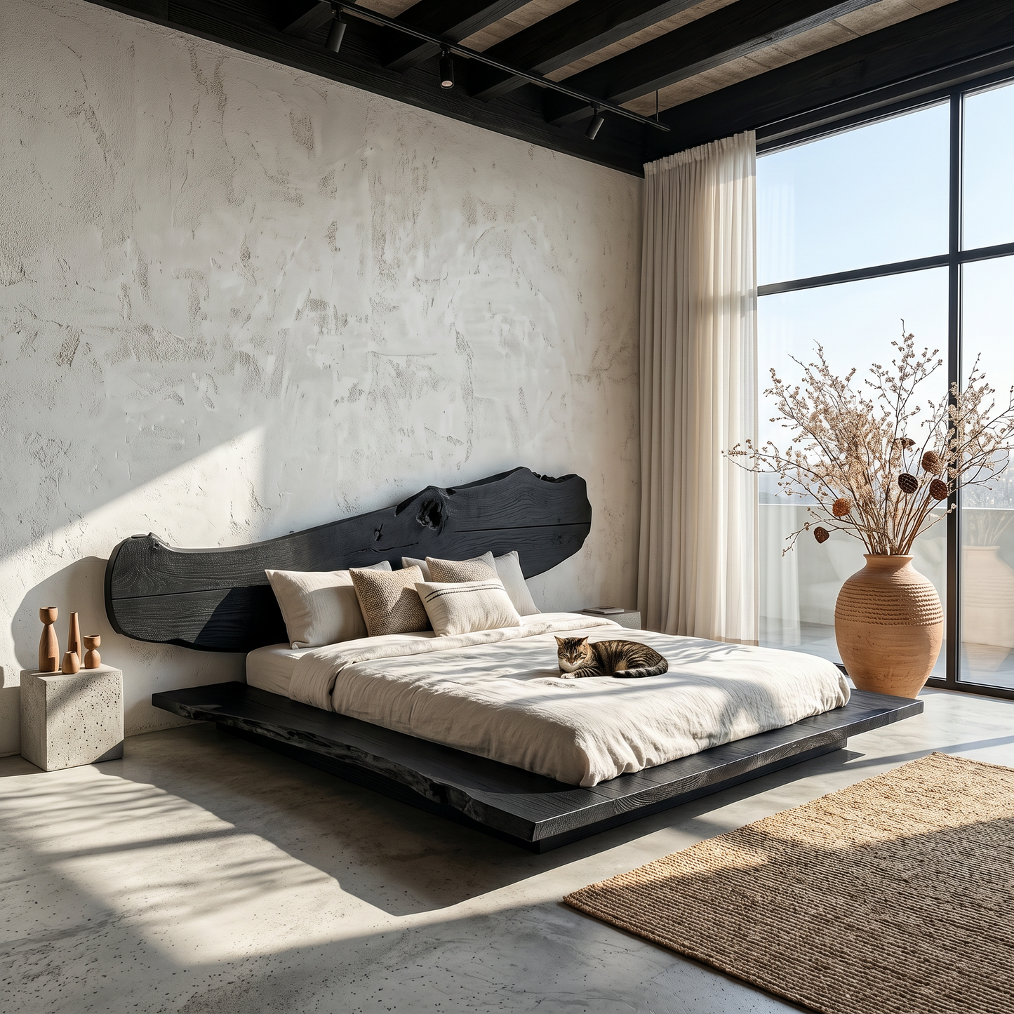 Luxury Organic Bed Frame With Sculptural Solid Wood Headboard And Floating Platform Design For Bedroom