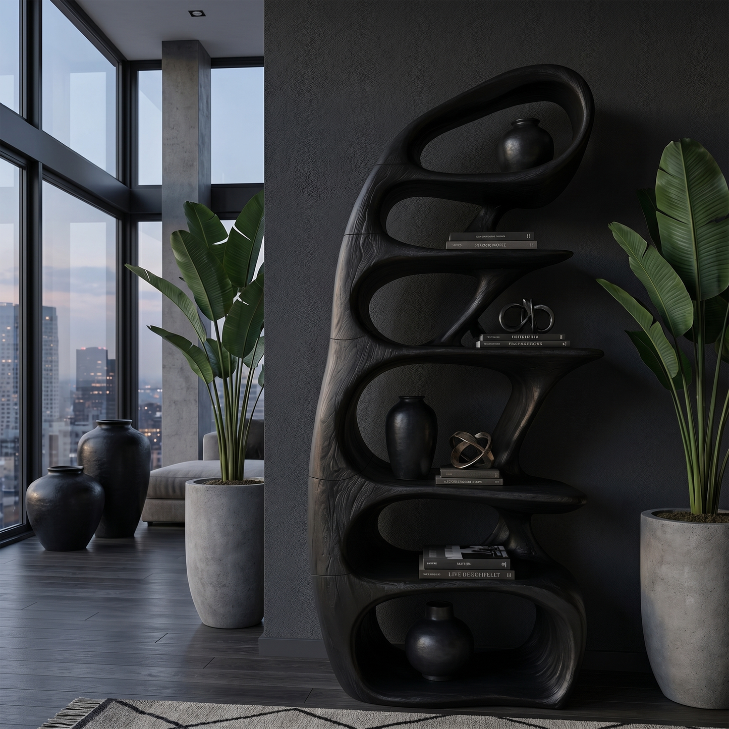 Sculptural Bookshelf With Tree Inspired Curved Shelves And Solid Wood Frame For Living Room