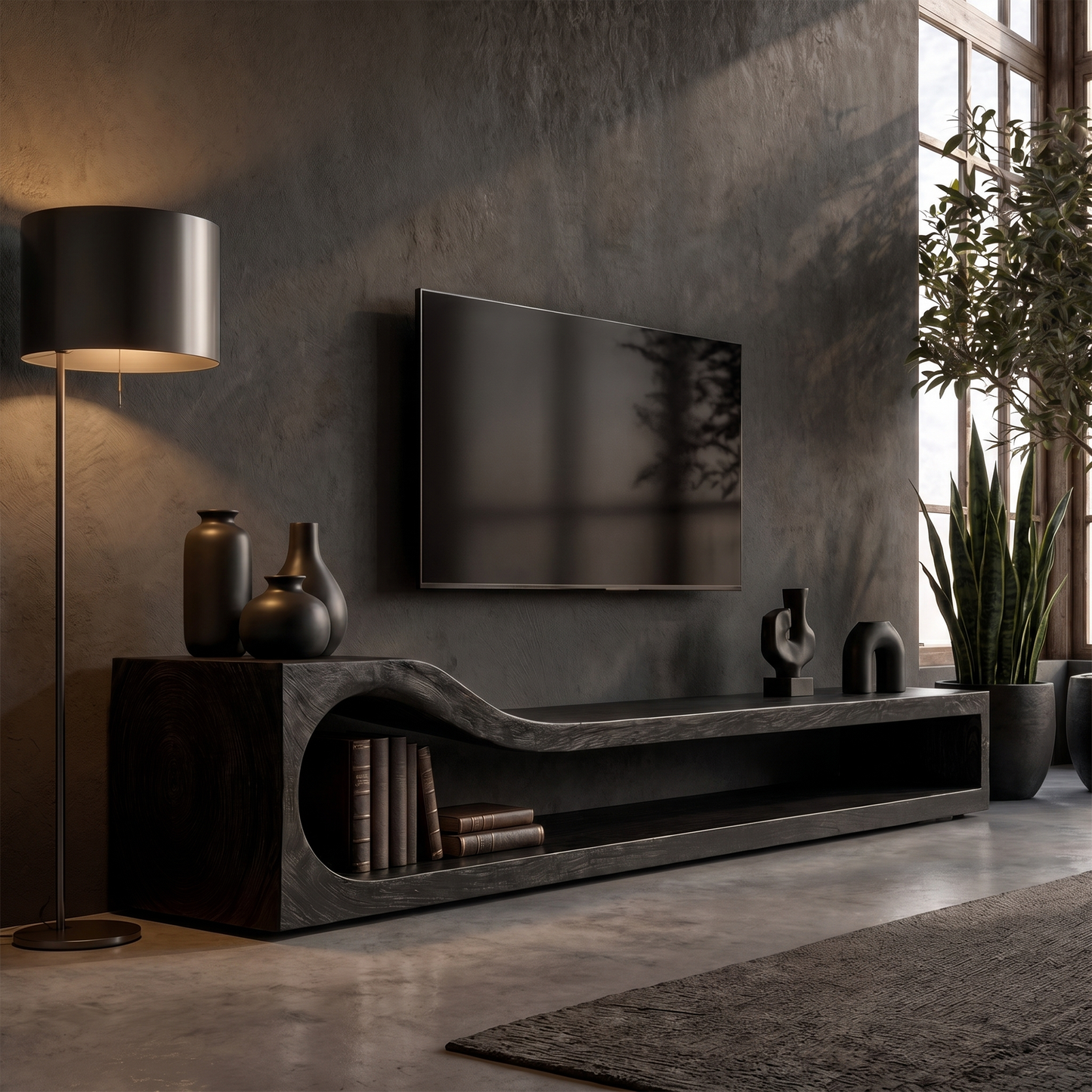 Organic TV Cabinet With Sculptural Wave Wood Base And Solid Wood Media Console For Living Room