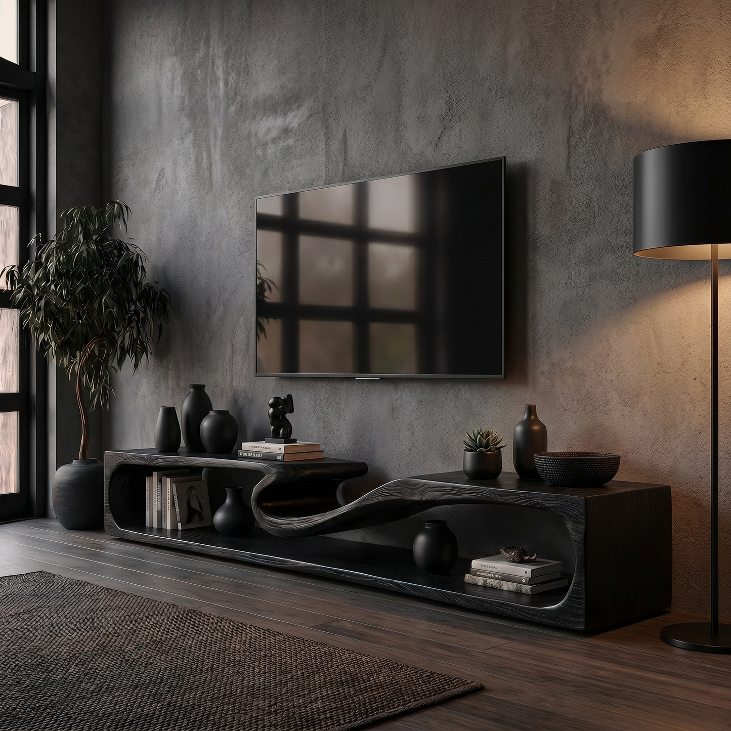 Minimalist TV Cabinet With Rounded Edge Wood Frame And Open Storage Design For Living Room