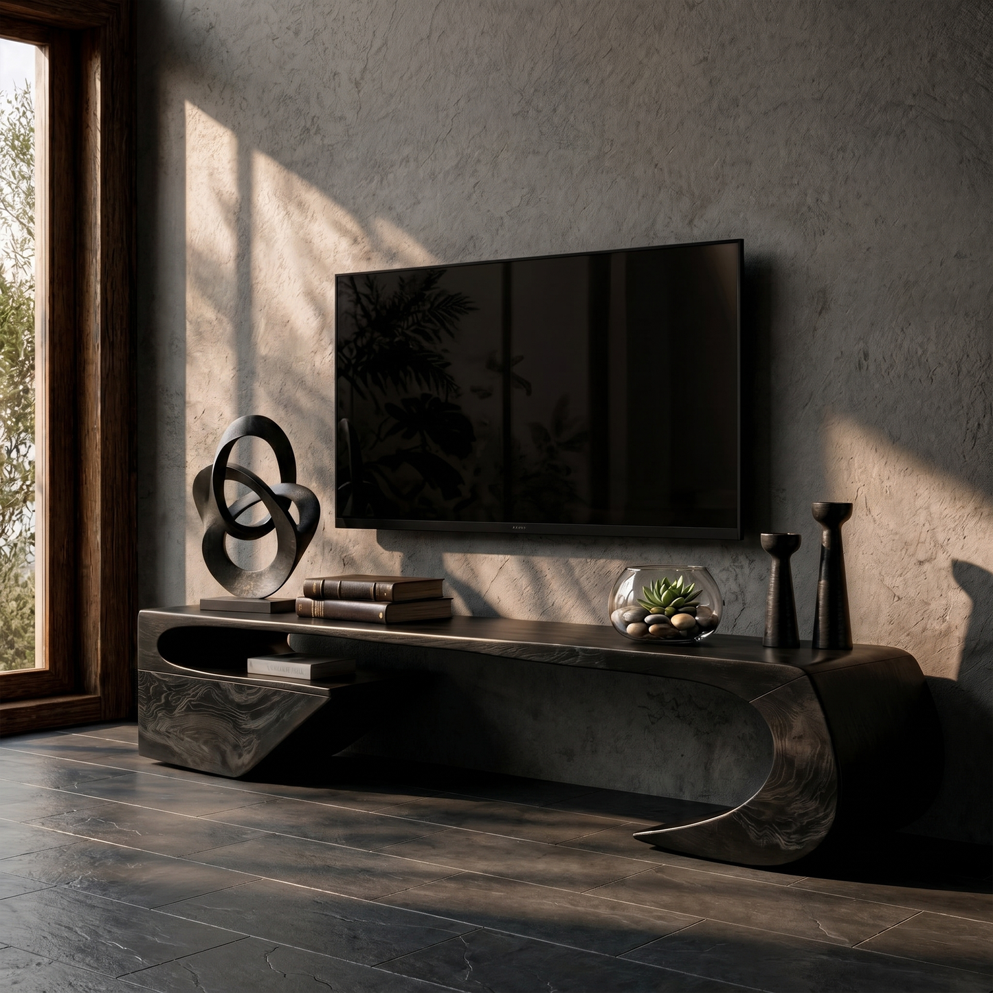 Japandi TV Cabinet With Sculptural Curved Wood Base And Solid Wood Media Console For Living Room