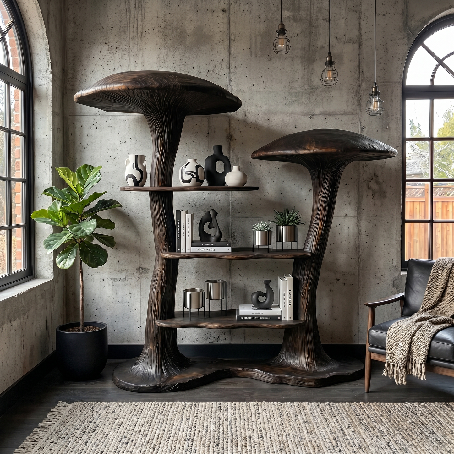 Organic Modern Mushroom Bookcase With Sculptural Solid Wood Form For Living Room