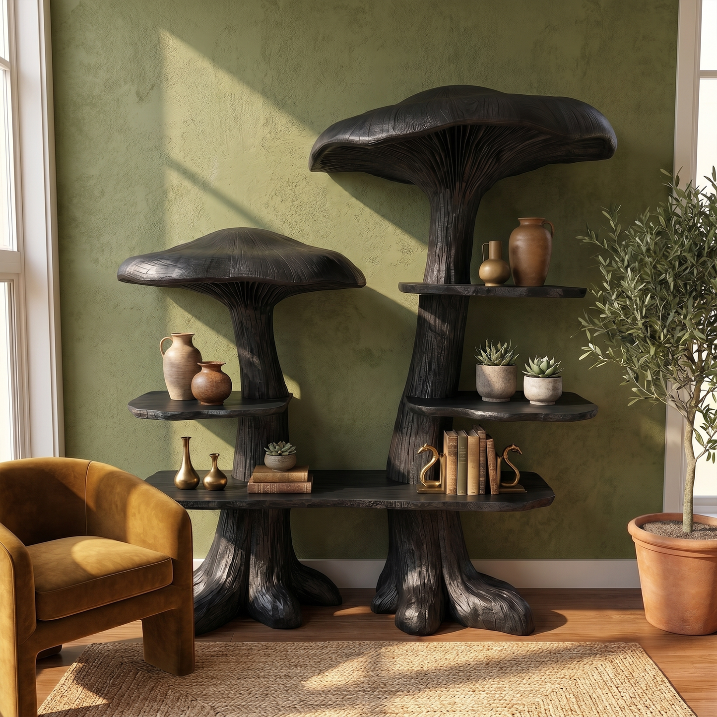 Nature Inspired Mushroom Bookshelf With Open Display Storage For Living Room