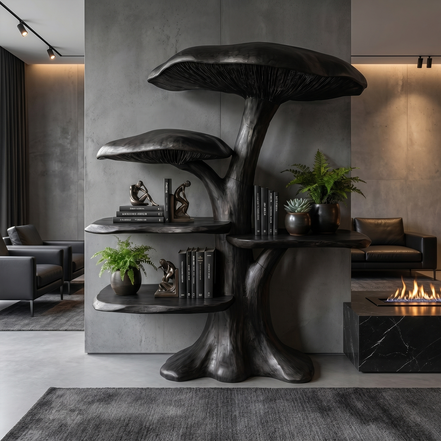 Organic Mushroom Shelf With Sculptural Solid Wood Form For Living Room
