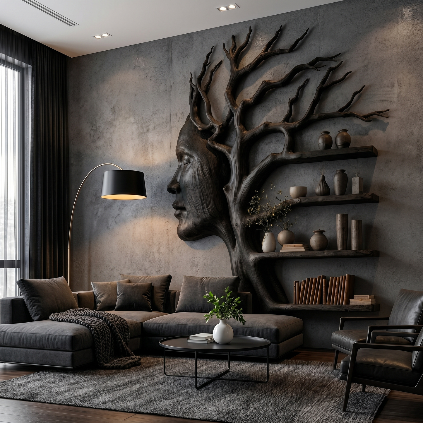 Fantasy Tree Bookshelf With Sculptural Face Design And Integrated Branch Shelves For Living Room