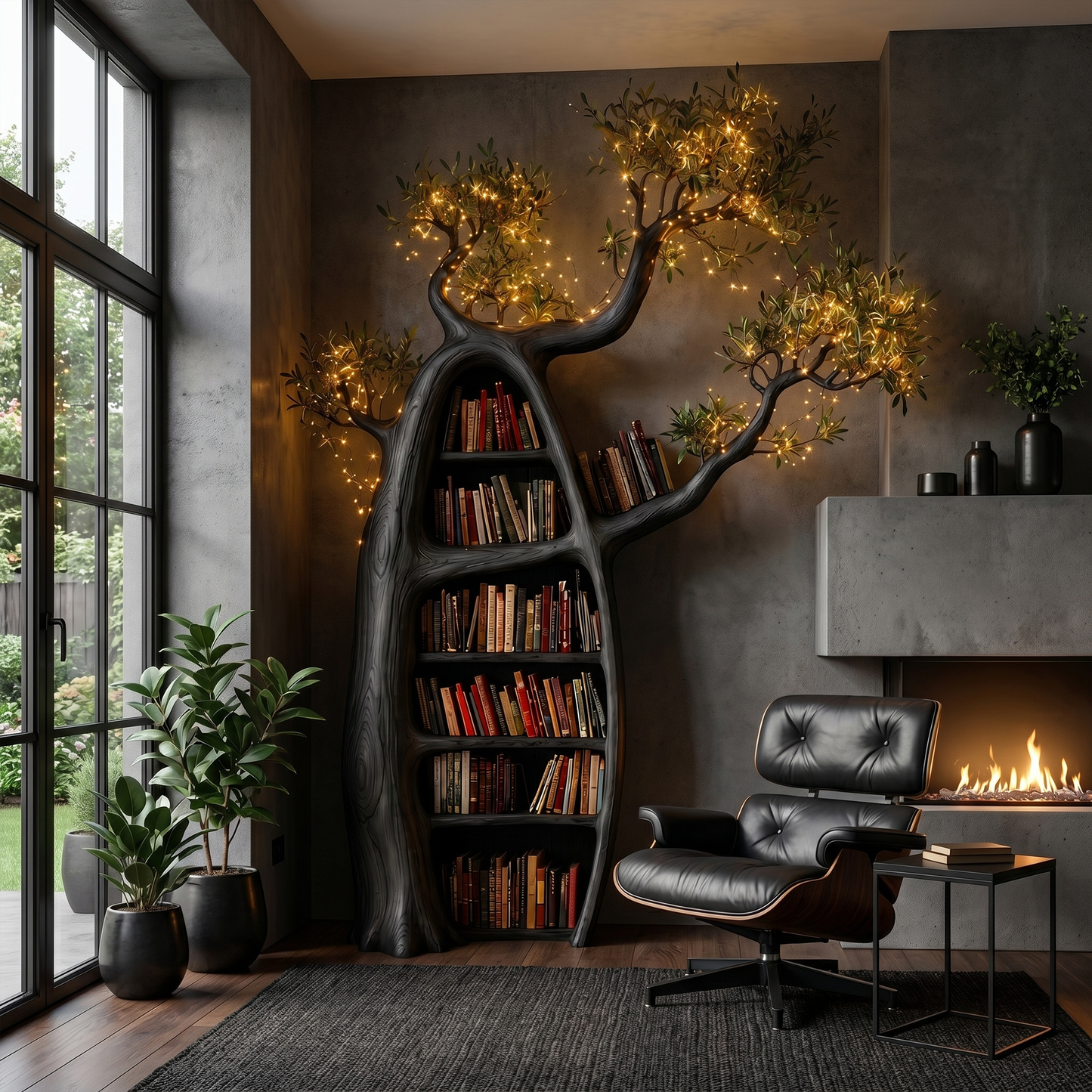 Artistic Tree Bookshelf With Illuminated Branch Crown For Living Room