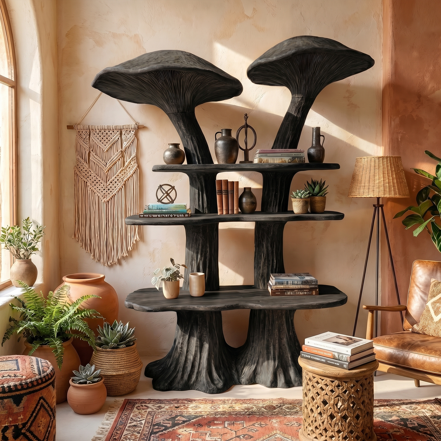 Rustic Mushroom Bookshelf With Handcrafted Solid Wood Shelves For Living Room