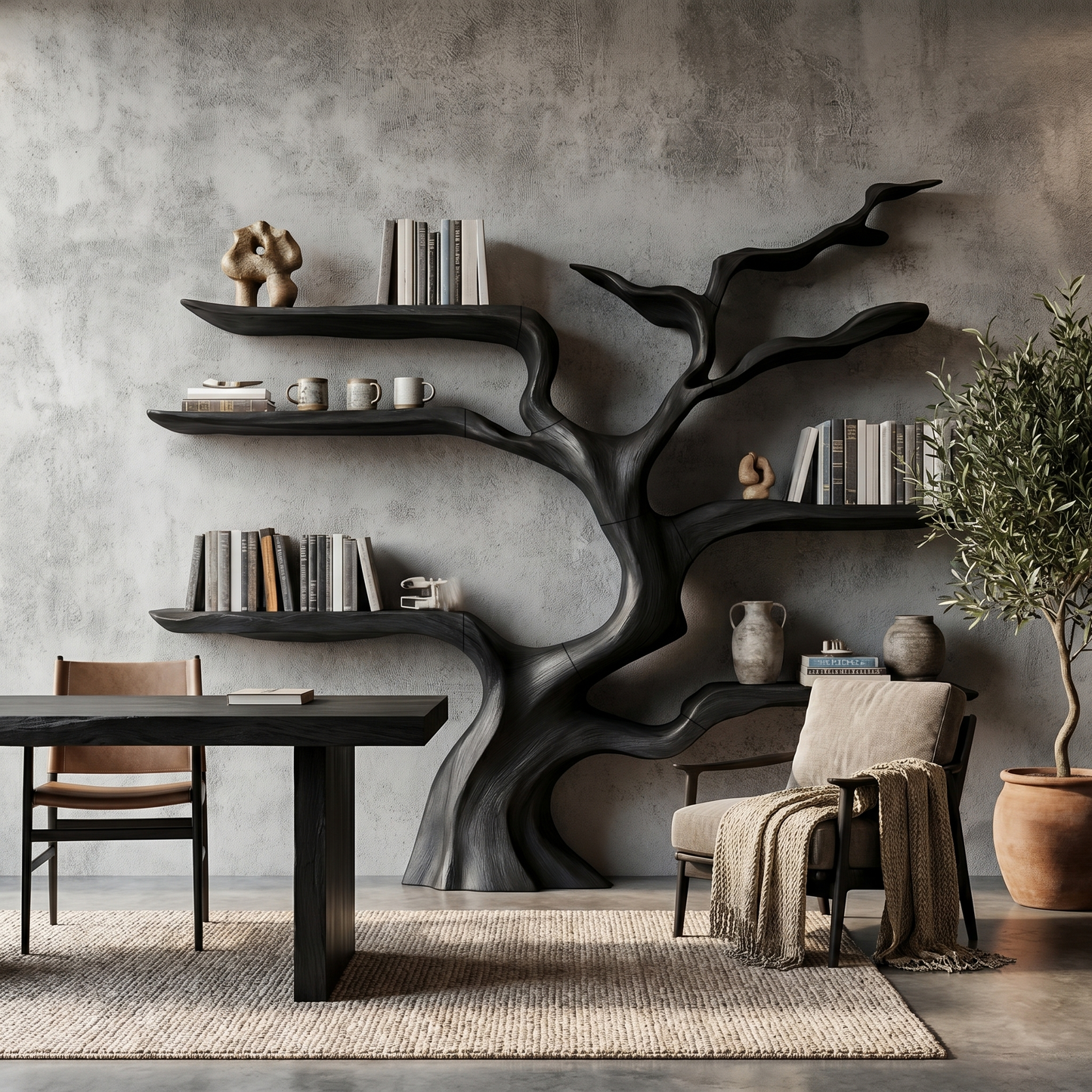 Nature Inspired Tree Bookshelf With Floating Wooden Shelves For Living Room Decor