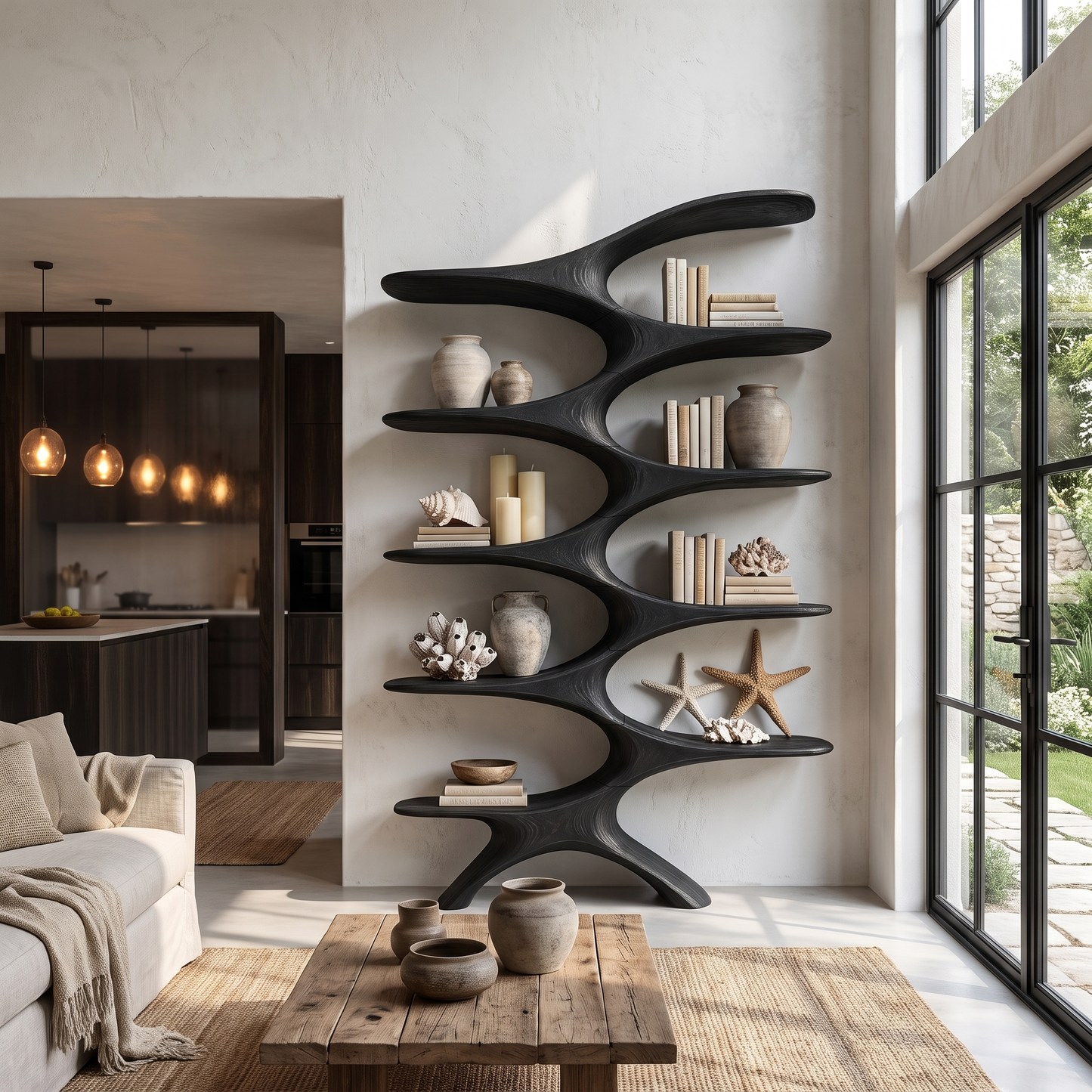 Sculptural Wall Bookcase With Organic Multi Tier Shelves For Living Room