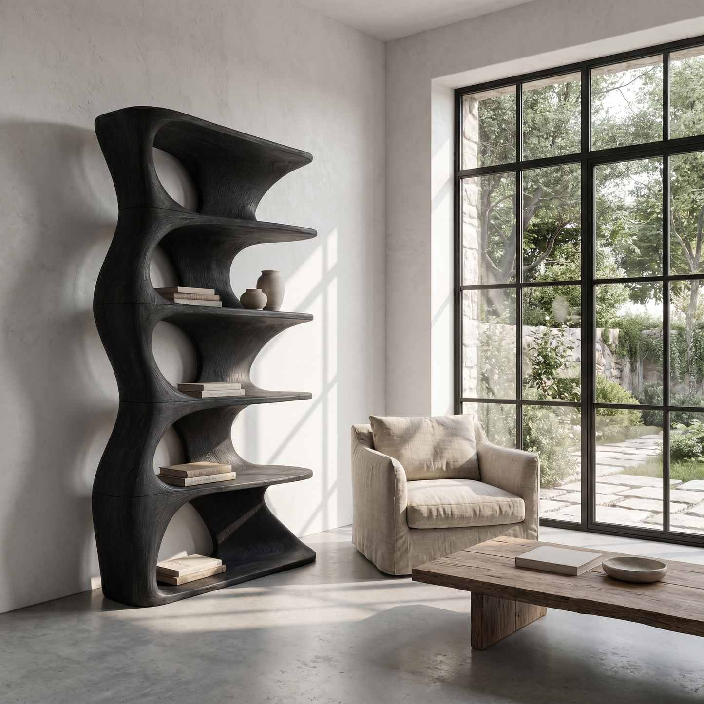 Organic Sculptural Wall Mounted Bookshelf With Curved Floating Shelves For Living Room