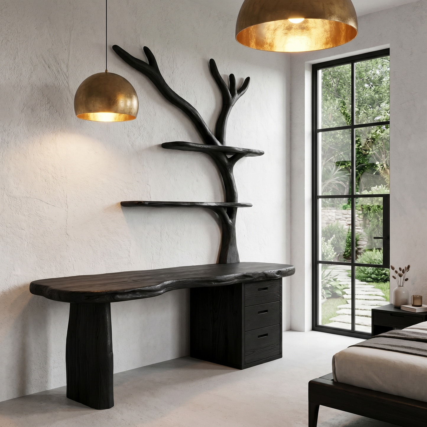 Organic Wooden Desk With Tree Branch Bookshelf And Built In Drawer Storage For Home Office And Workspace