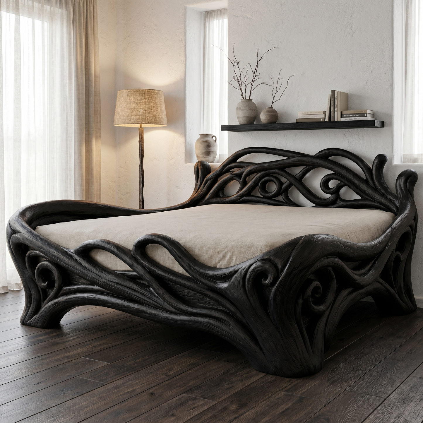 Organic Sculptural Bed Frame With Flowing Root Inspired Wood Design For Bedroom