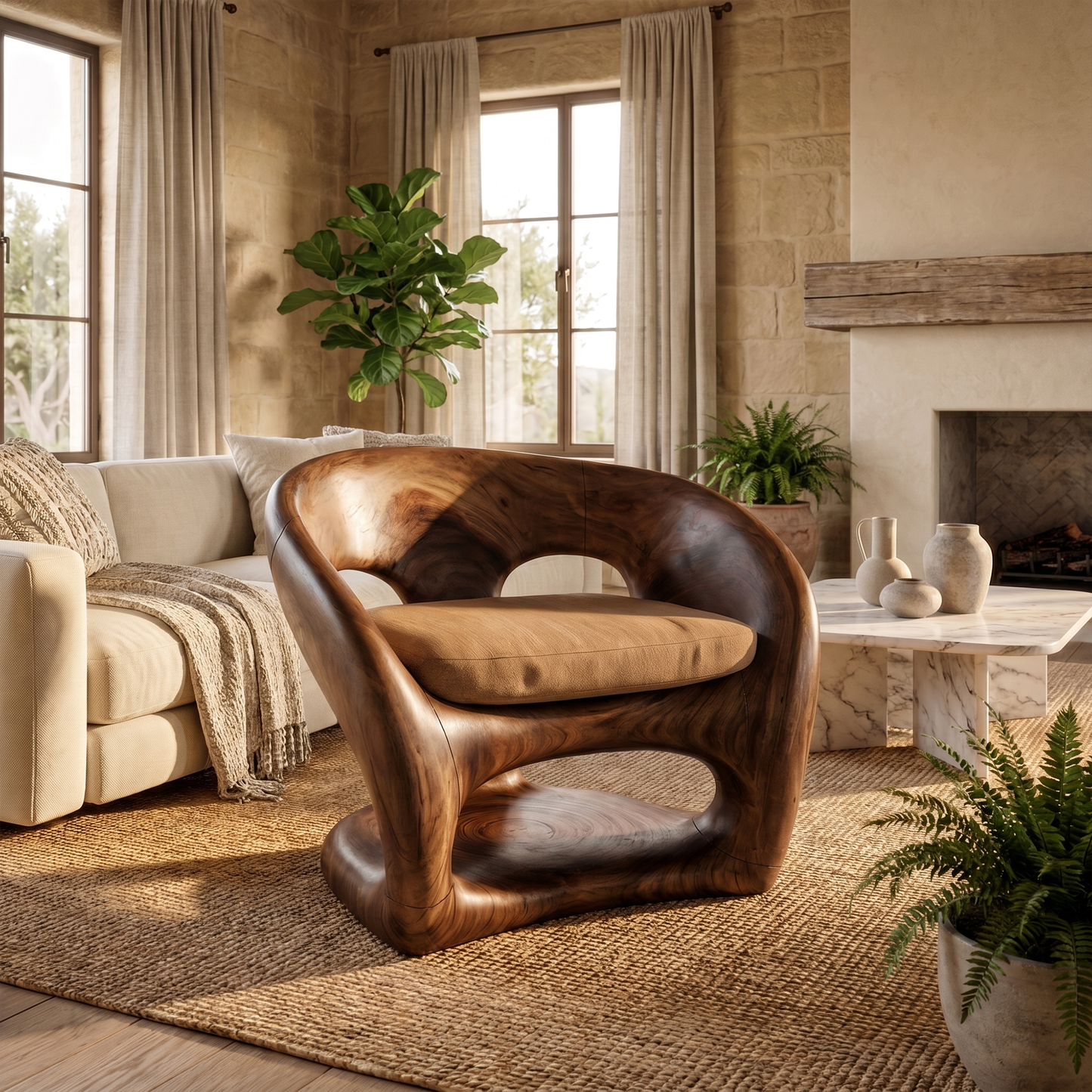 Nature Inspired Armchair Artistic Curved Wood Design For Living Room
