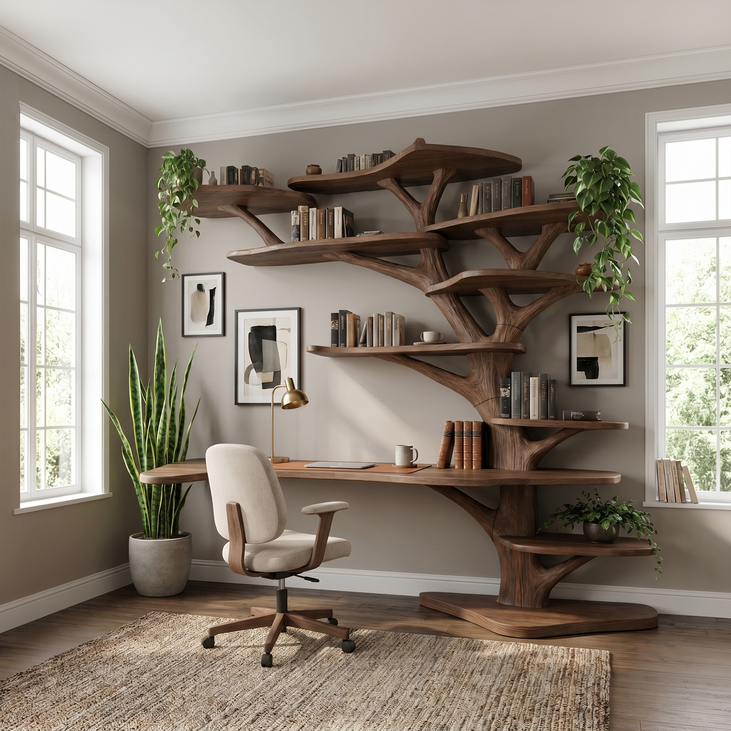 Rustic Tree Bookshelf Desk Home Office Or Study Room