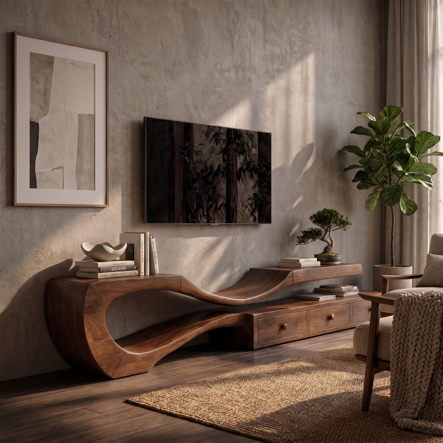 Modern TV Cabinet With Sculptural Curved Wood Base And Built In Storage Drawers For Living Room