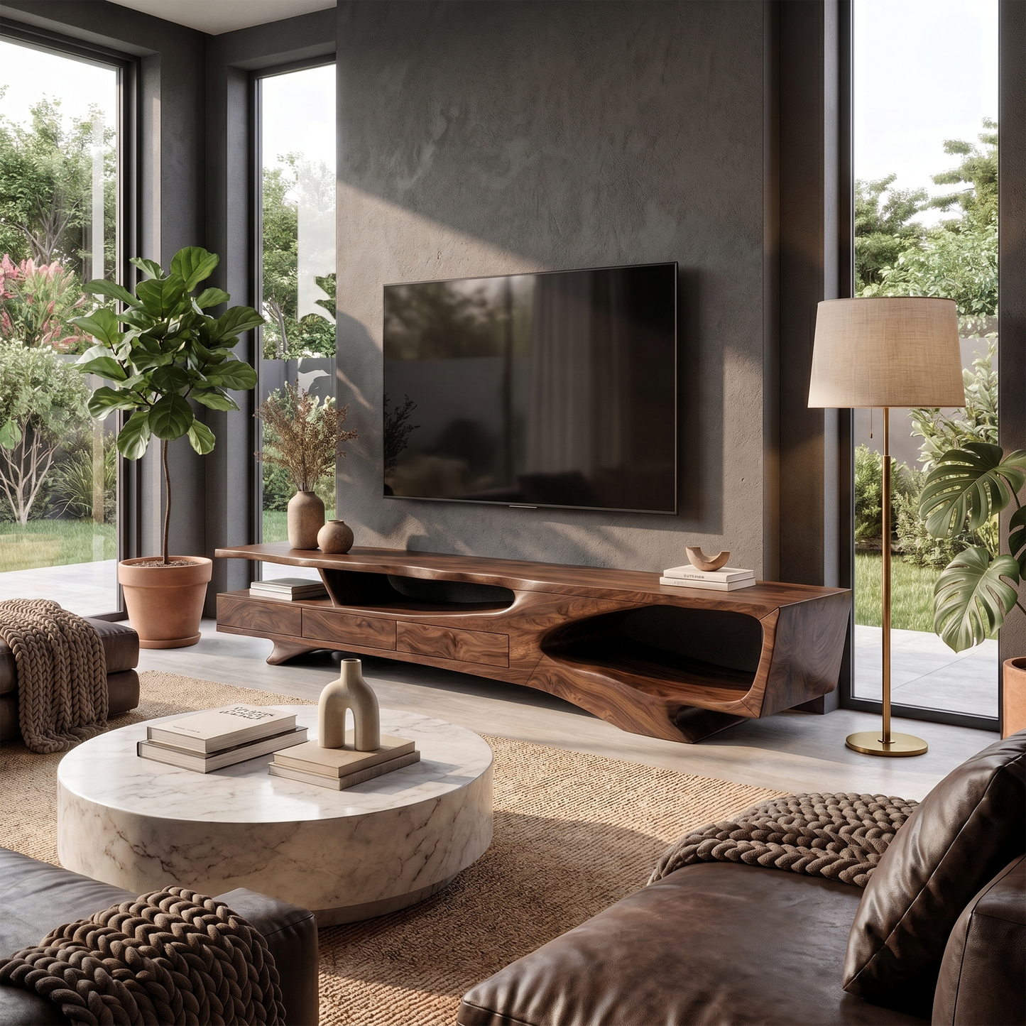 Rustic Organic TV Cabinet With Sculptural Solid Wood Base For Living Room
