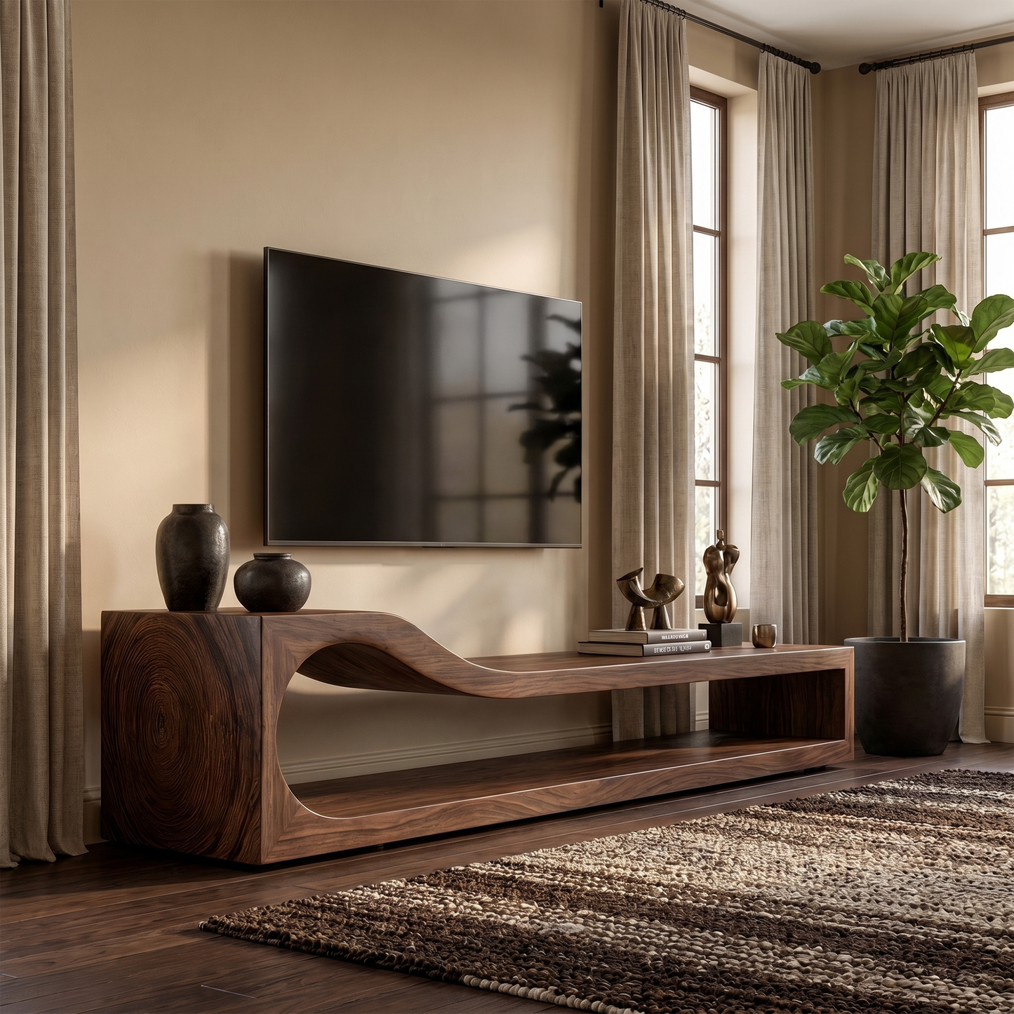 Organic TV Cabinet With Sculptural Wave Wood Base And Solid Wood Media Console For Living Room