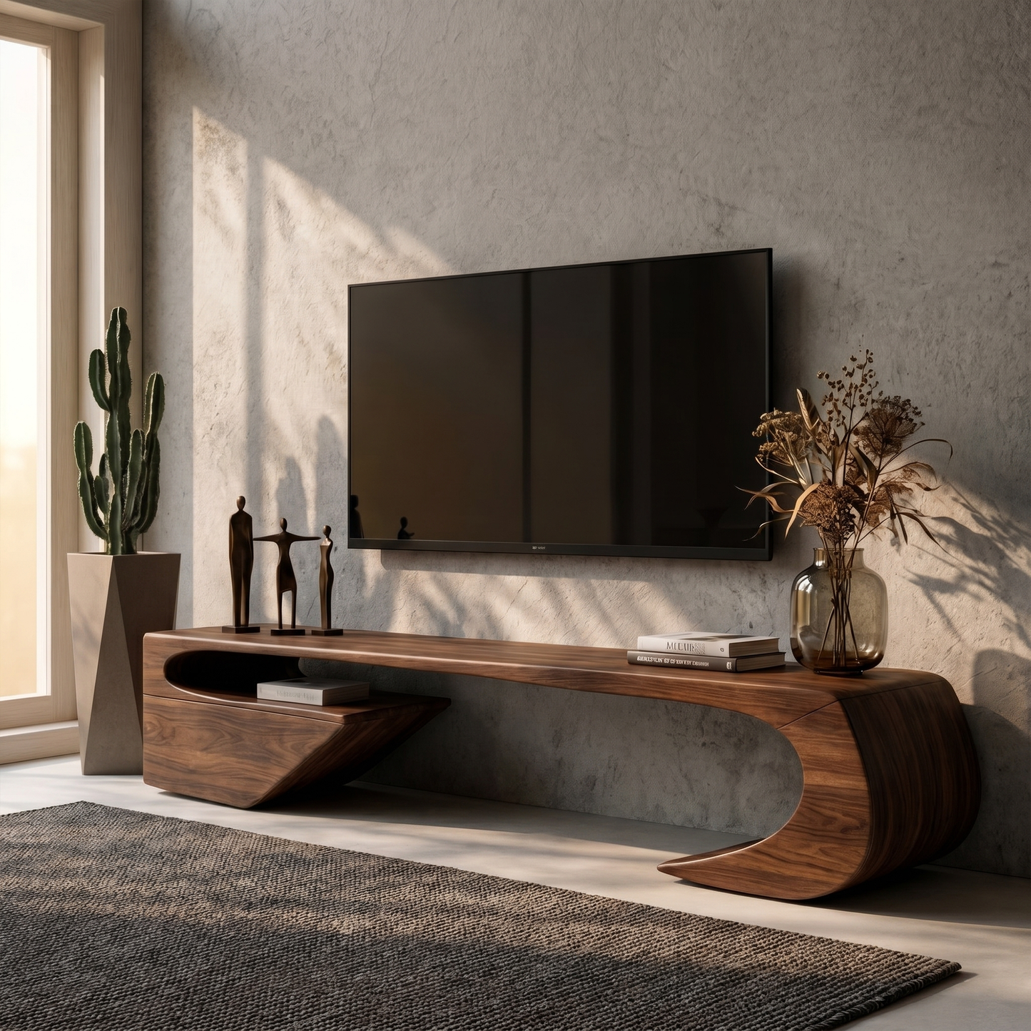 Japandi TV Cabinet With Sculptural Curved Wood Base And Solid Wood Media Console For Living Room