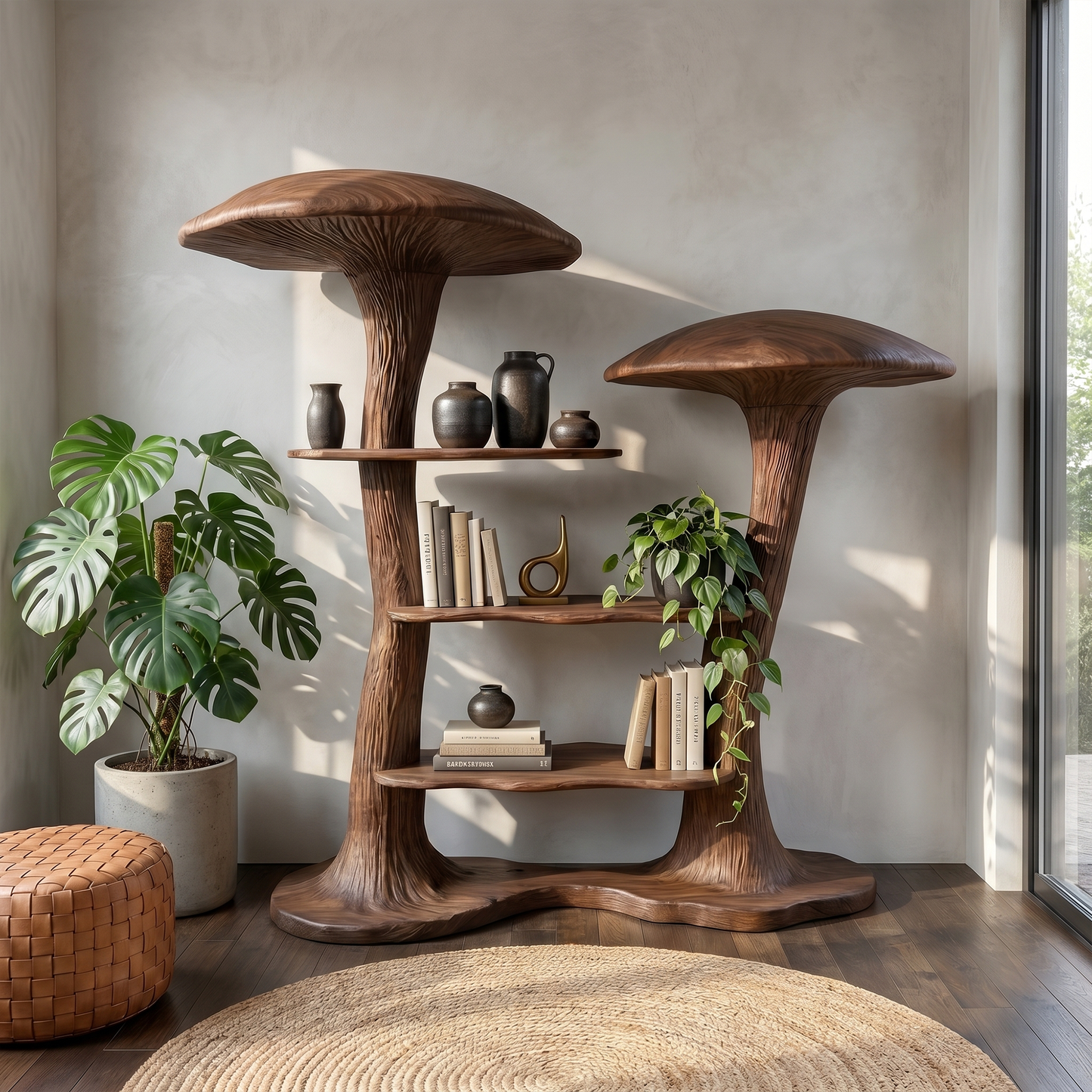 Organic Modern Mushroom Bookcase With Sculptural Solid Wood Form For Living Room