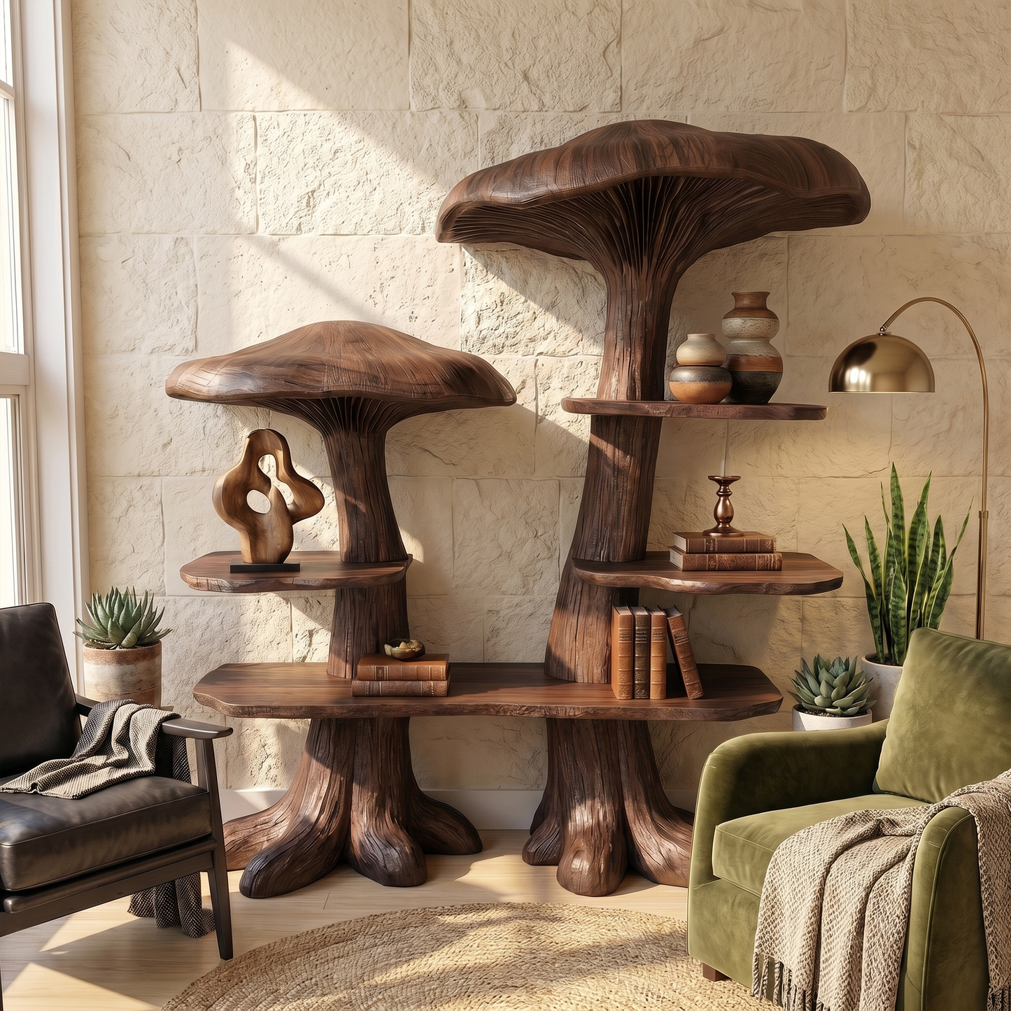 Nature Inspired Mushroom Bookshelf With Open Display Storage For Living Room
