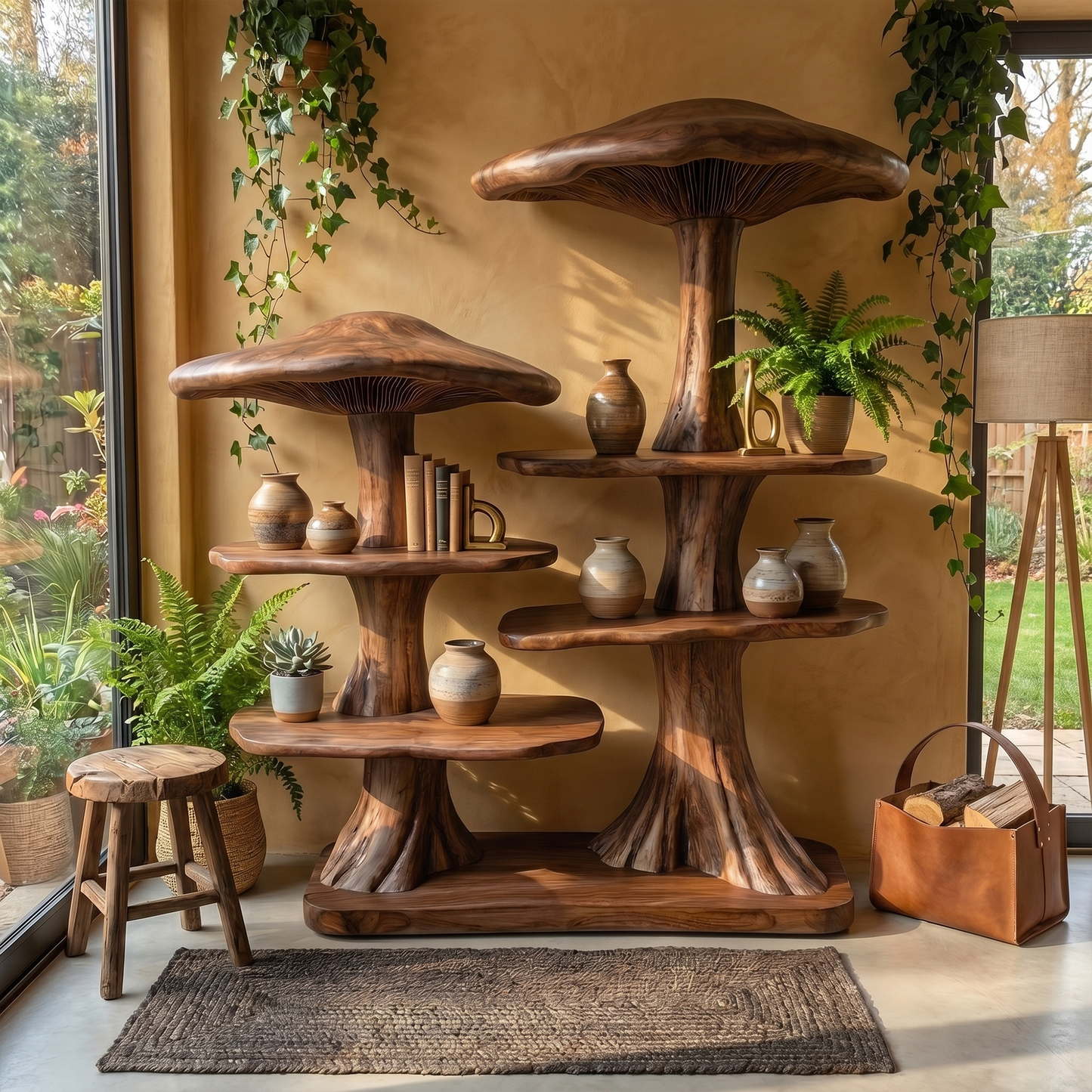 Mushroom Tree Bookshelf With Handcrafted Solid Wood Structure For Reading Corner