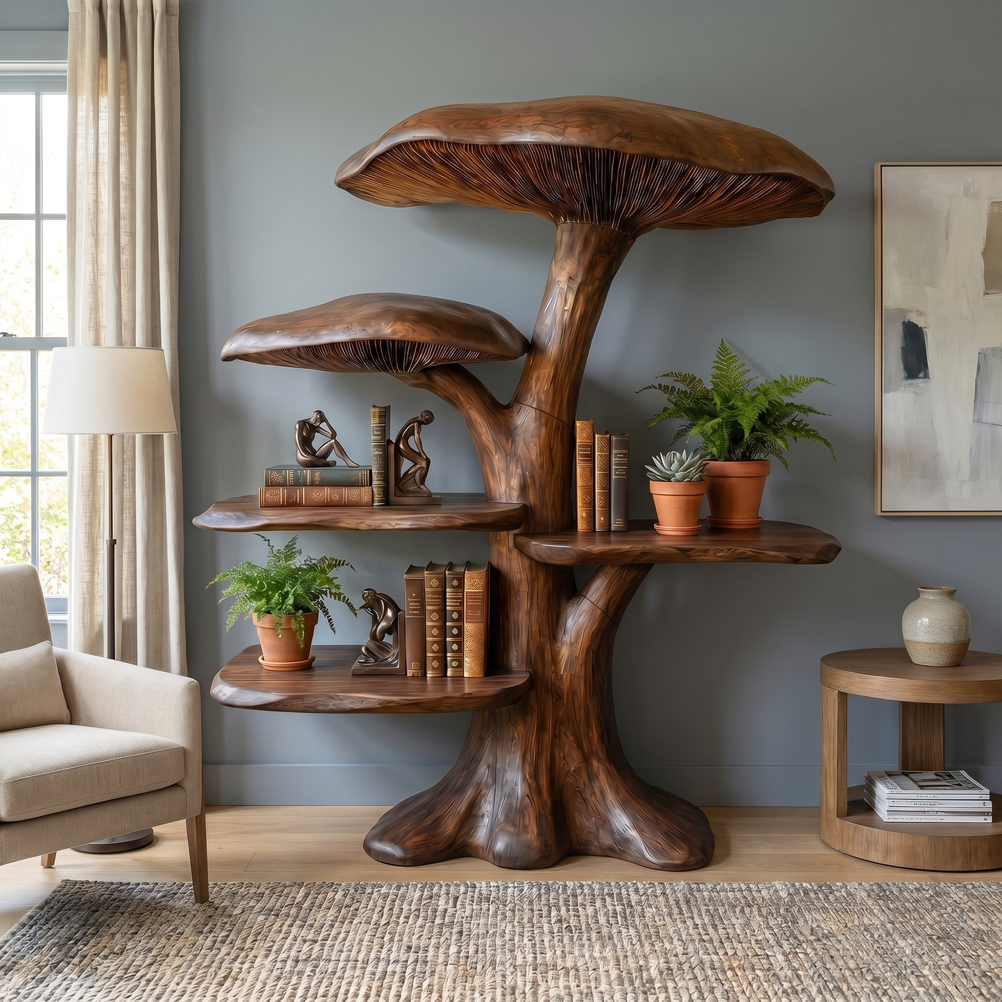 Organic Mushroom Shelf With Sculptural Solid Wood Form For Living Room