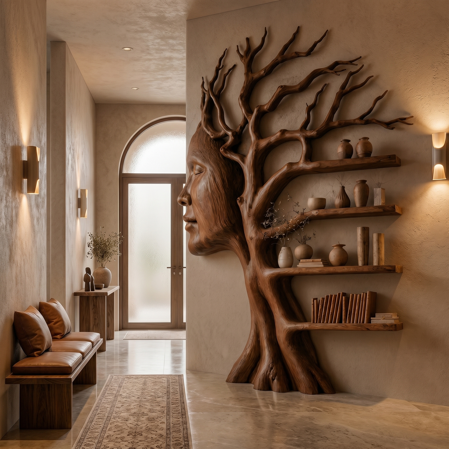 Fantasy Tree Bookshelf With Sculptural Face Design And Integrated Branch Shelves For Living Room