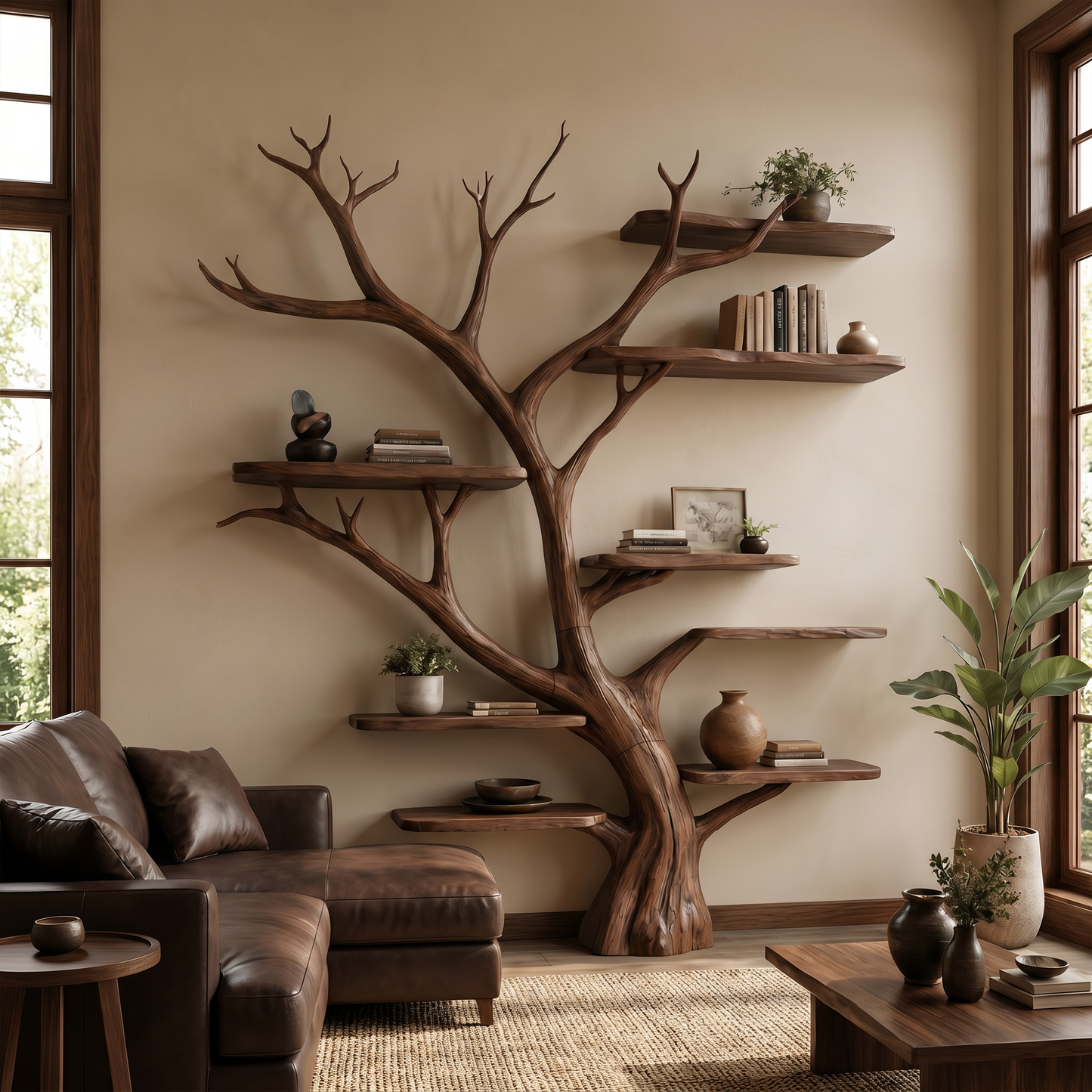 Rustic Tree Wall Bookshelf Entryway Study