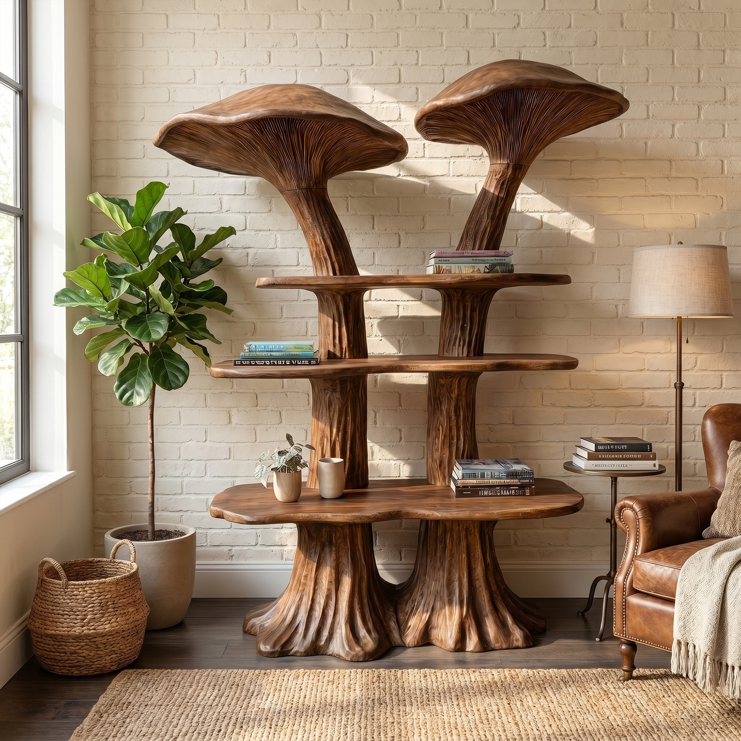 Rustic Mushroom Bookshelf With Handcrafted Solid Wood Shelves For Living Room