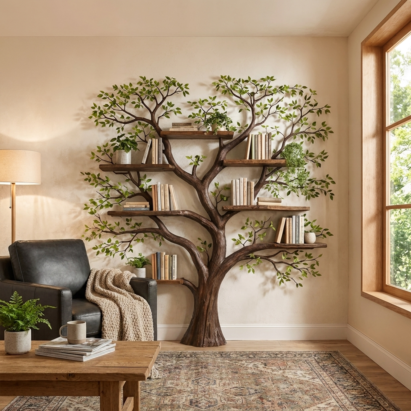 Handcrafted Tree Storage Bookcase Living Room Interior Living Wall Feature